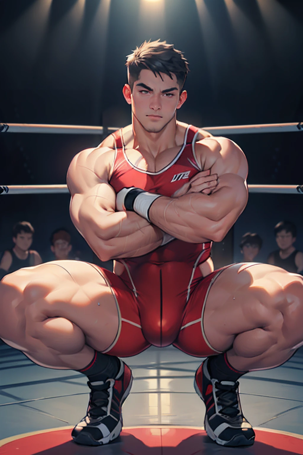 ((Best Quality, 8K, ultra-detailed, Masterpiece: 1.3)), 1boy, shiny skin, sharp, Perfect Body Beauty, realistic shaded perfect body, (cute :1.1),("wrestling wear, big bulge ":1.2),(dynamic pose:1.1), thigh , (bulge focus:1.2) ,squatting