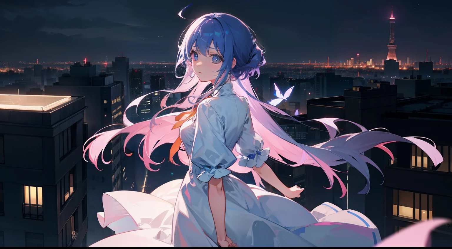 On the roof of a high-rise apartment building in the city、The girl stood,Fluttering in the wind。Her gaze stared into the distance.、I have a mixture of dreams and sadness in my heart.。The lights of the surrounding buildings illuminated her silhouette.、It was as if she had integrated into the city herself