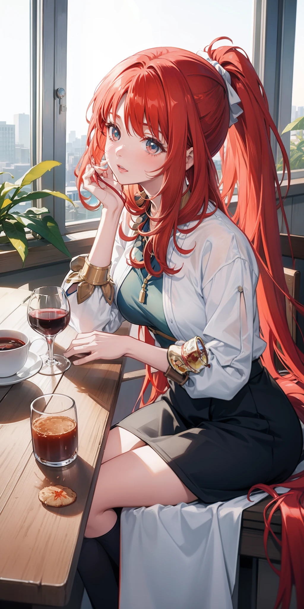 anime character sitting at a table with a glass of wine, mysterious coffee shop girl, anime visual of a cute girl, girl with red hair, crimson hair (ponytail), perfect red haired girl, anime girl with long hair, best anime 4k konachan wallpaper