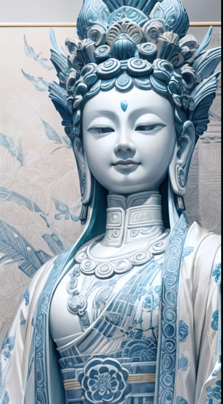 Guanyin blue and white porcelain Buddha statue,anatomy correct,Delicate pattern,ancient china art style,Oriental elements,Ink painting style, Clean colors,White background, Soft lighting, ( Bokeh),Masterpiece, Super detailed, Epic composition, Highest quality, 4K,
