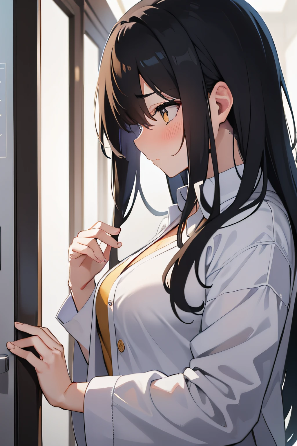 1 woman, profile, blushing, shy, hiding her face behind one hand, long black hair, lab coat, gold eyes, large chest.