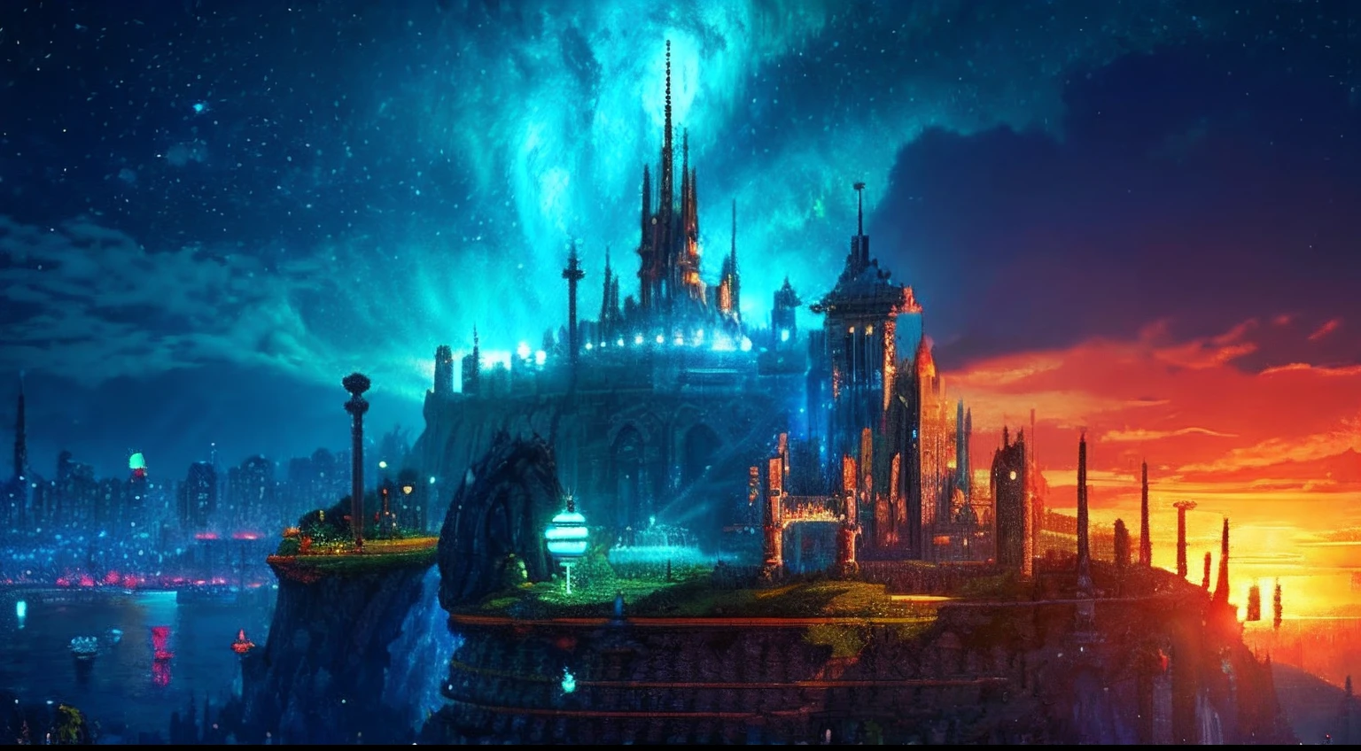 pixel game，scenography，fantastical scenes，sky cities， Pixel art #pixelart