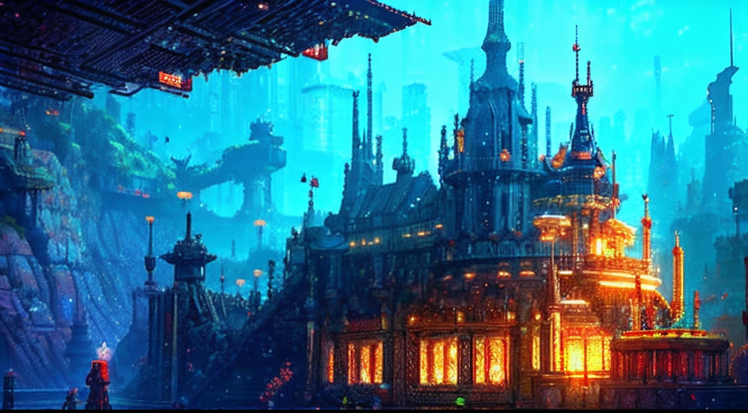 pixel game,scenography,fantastical scenes,sky cities, Pixel art #pixelart