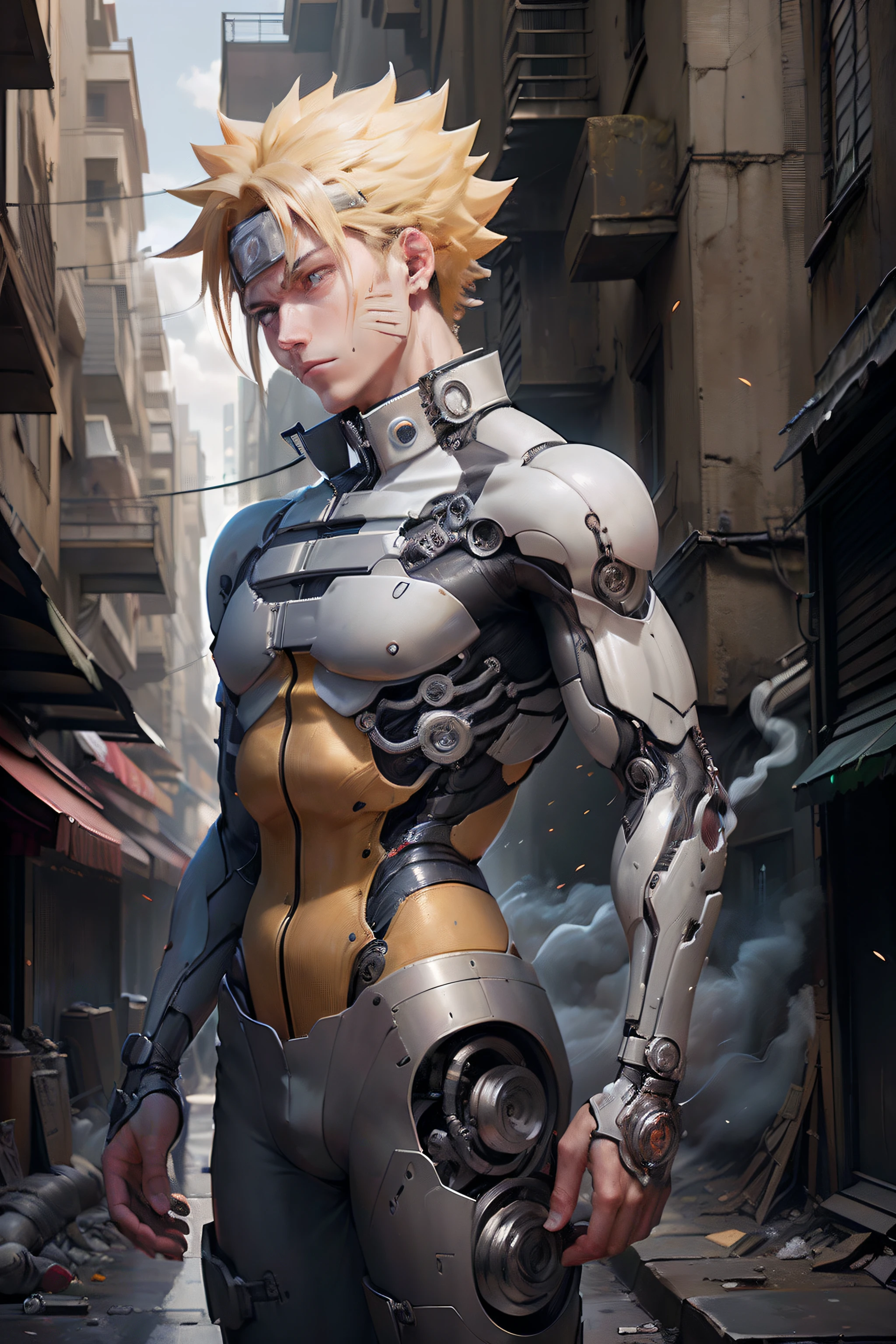 Naruto adulte, (Mechanical parts: 1.5), combat, Tight torn supersuit, In a city broken by the night, smoke and fire, aura d'une puissance brillante, pose dynamique, Vision dynamique