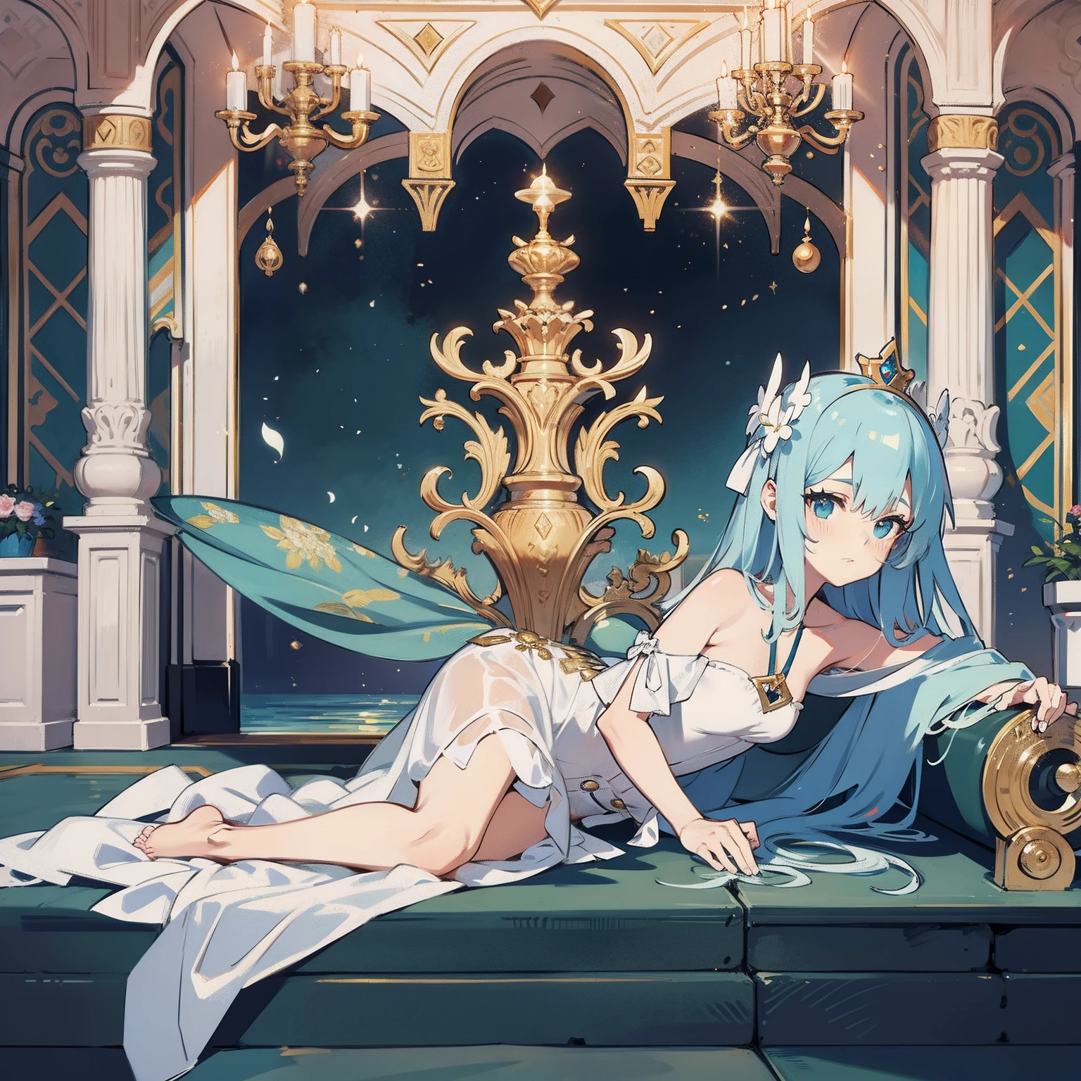 (Top quality), (Super detail), (Hi-res) gold angel girl, inside the womb, umbilical cord, soak in blue amniotic fluid, A plug is connected to the belly button,
emergence, big crystal bathtub bowl, tantra slender body, tatto body, closed eyes, gold angel wings, Fantasy, beautiful concept art, god water heaven room, Swirling Elemental, quality, shisha, white surrounded by flowers, UHD, from above