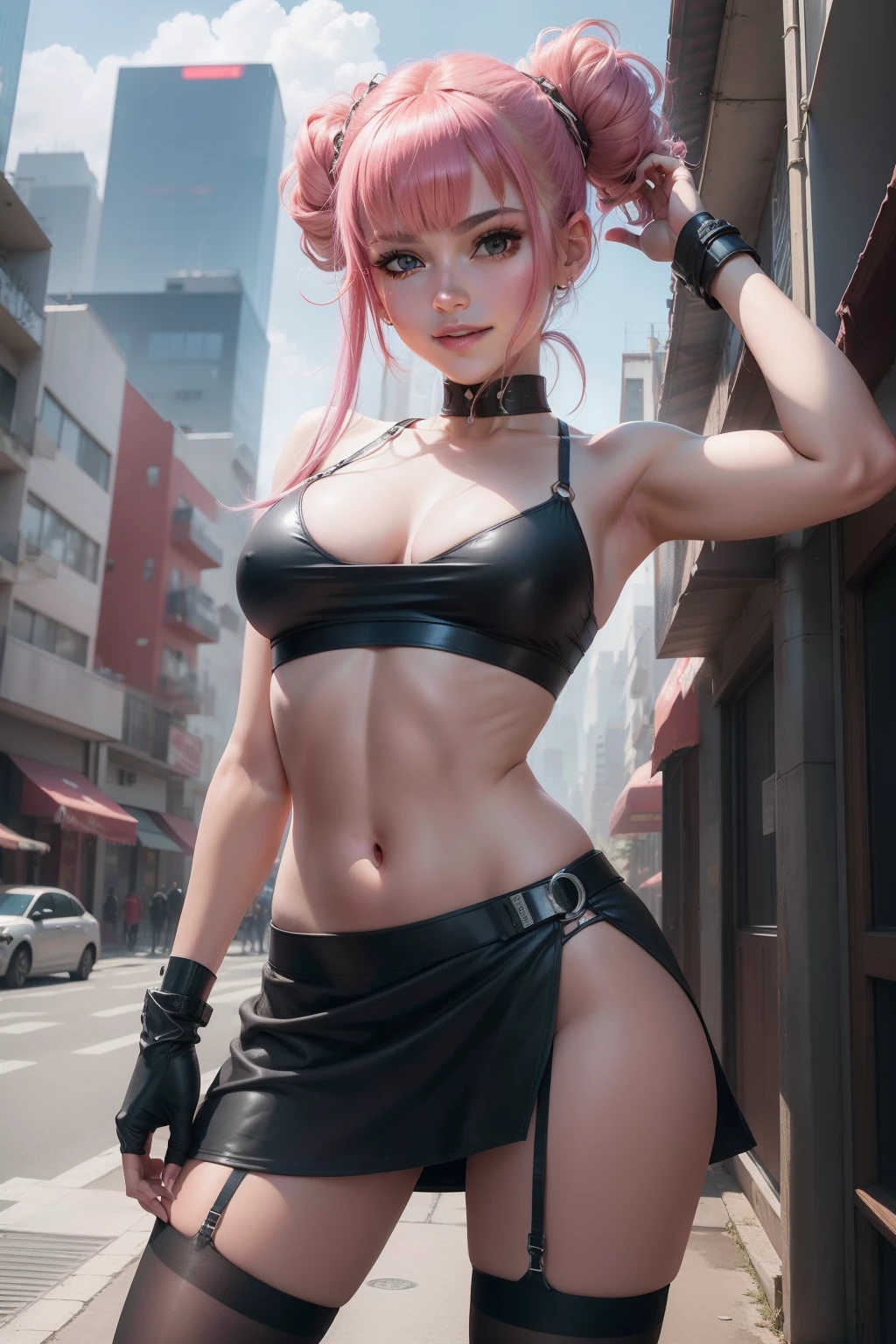 Zero Two Darling en el Franxx, 1 girl, Underboob, ((Cuatro coletas)), Pechos desnudos, tetas grandes, smiling at camera, Pose de conejito, pose sexy, vista desde abajo, behind view, Micro mini falda, ((Se levanta la micro minifalda con las manos)), Stockings with garter belt, cuerpo perfecto, Vemos su culo delgado y apretado, cabello rosado, she's on a cyberpunk street in Day Light City, 8k, piel real, realystic, HDR , Ultra Resolution, fugas de luz, 1girl, Beltbra, pechos grandes, abolladura de la piel, piel profunda, Ropa tensa, Obra maestra, La mejor calidad, Altamente detallado