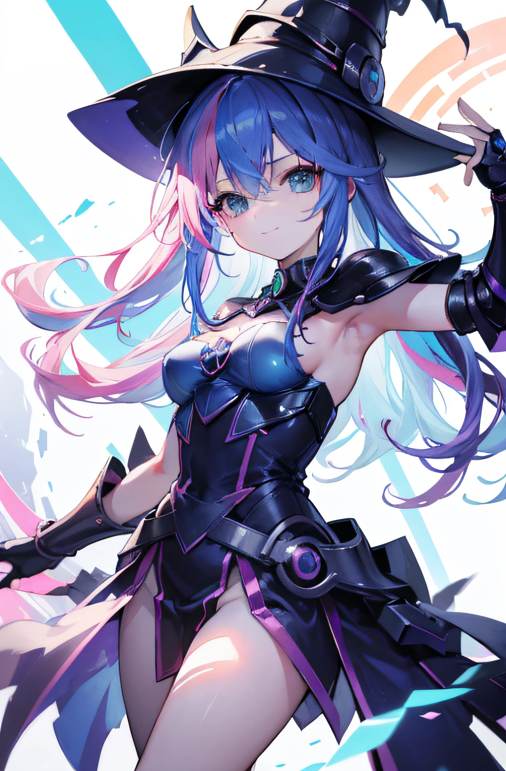 Girl in futuristic costume、nffsw、Glowing gadgets、full body Esbian、Utopian metropolis、AJC Helmet、AJC Armor、witch's hat、Eye Highlights、(rainbow-colored hair、colourful hair、Half blue and half pink hair:1.2)、stupendous、细致背景、Volumetric Lights、Sun'rays、llight rays、Skysky、colourfull、​​clouds、a smile、Throat and face