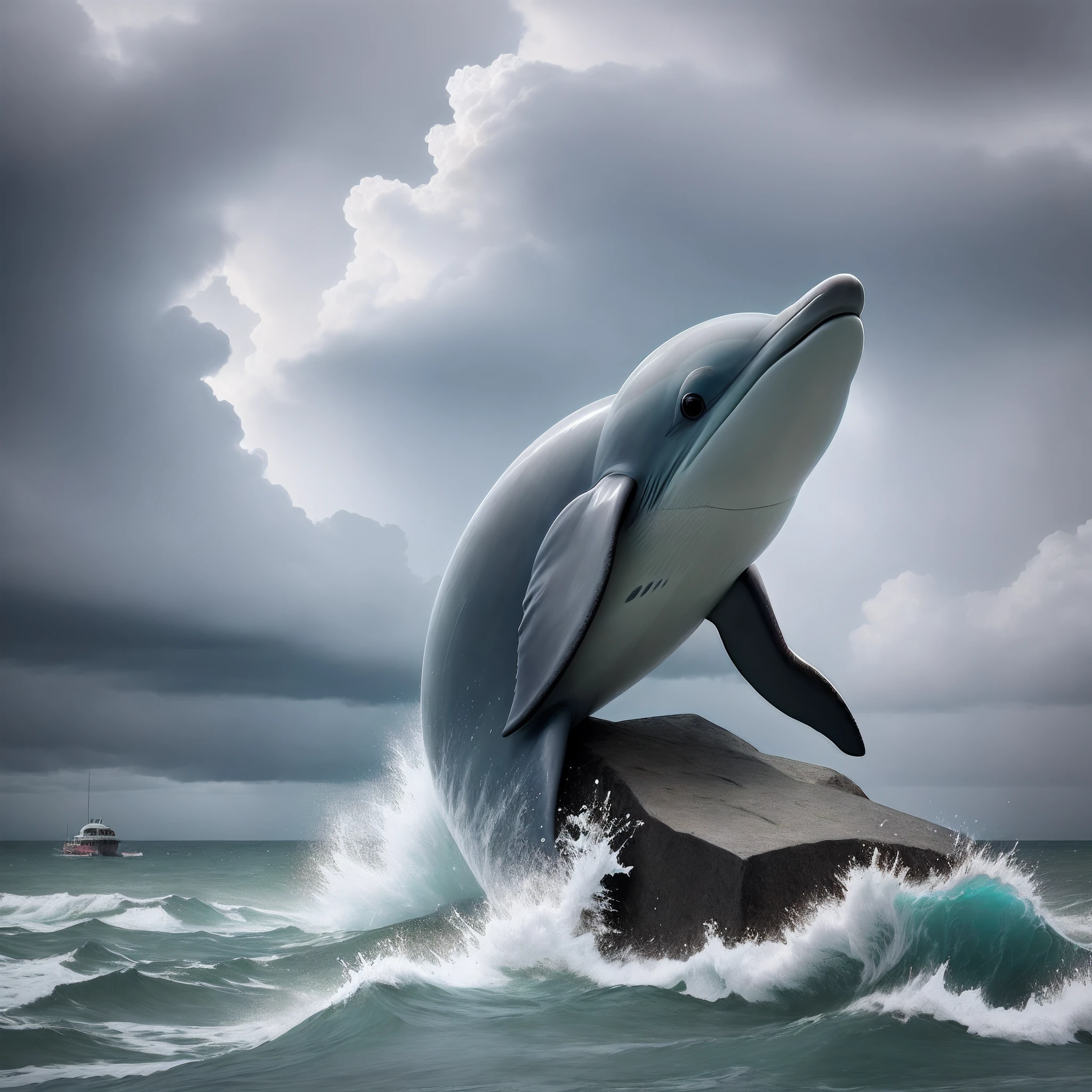 A bunch of dolphins are going through the storm in the seashore, the sky is dark and aggressive, it seems to be an islands, some trees can be seen, a person is on a big stone near the sea, observing the dolphins, some rains are visible