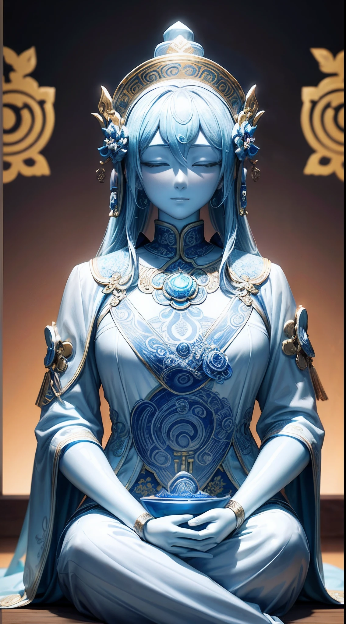 Guanyin blue and white porcelain Buddha statue,anatomy correct,Delicate pattern,ancient china art style,Oriental elements,Ink painting style, Clean colors,White background, Soft lighting, ( Bokeh),Masterpiece, Super detailed, Epic composition, Highest quality, 4K,