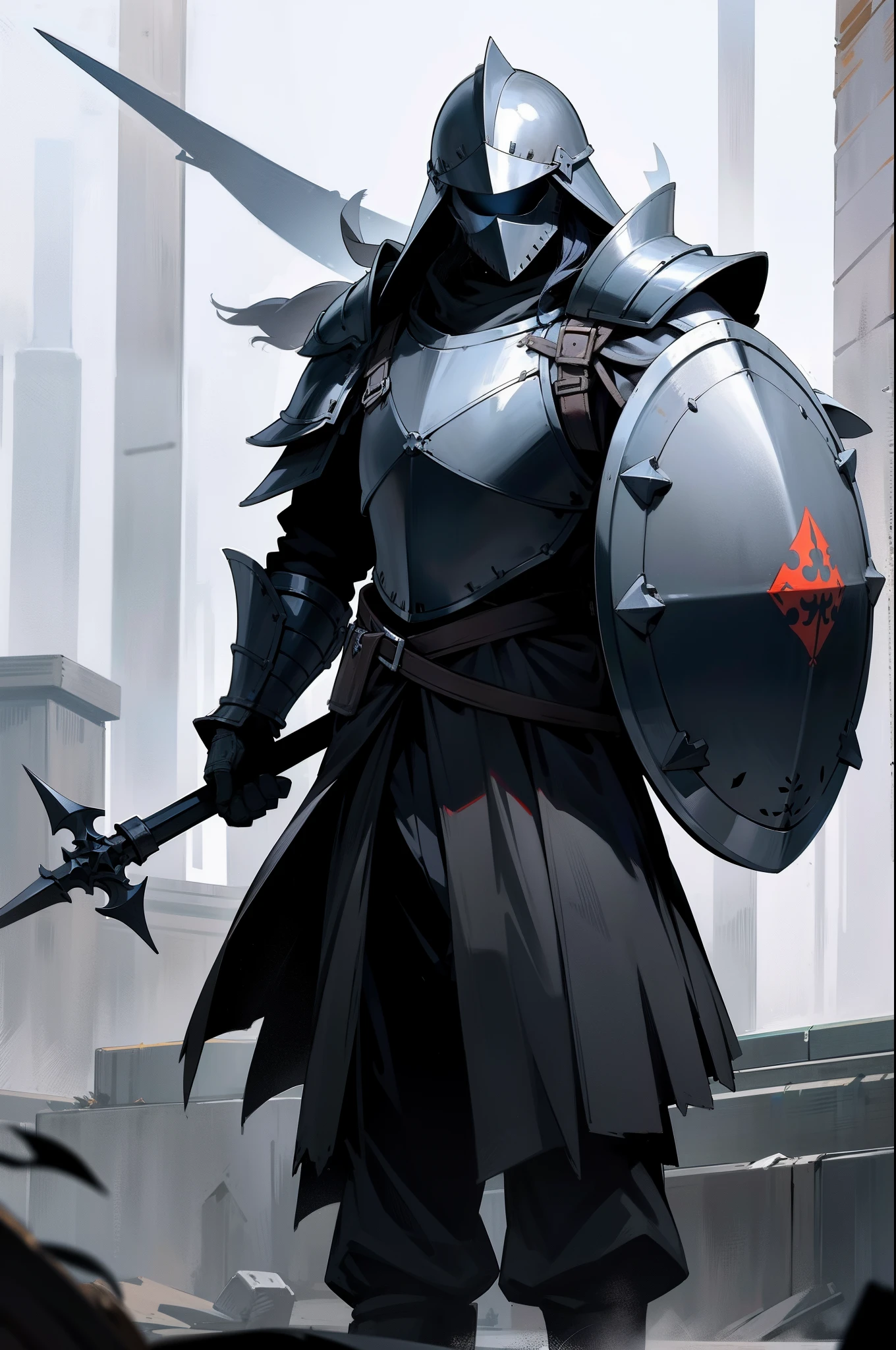 Wears heavy black armor，Wear a steel helmet，without showing face，Standing，Armed with a spear and a black shield，binh