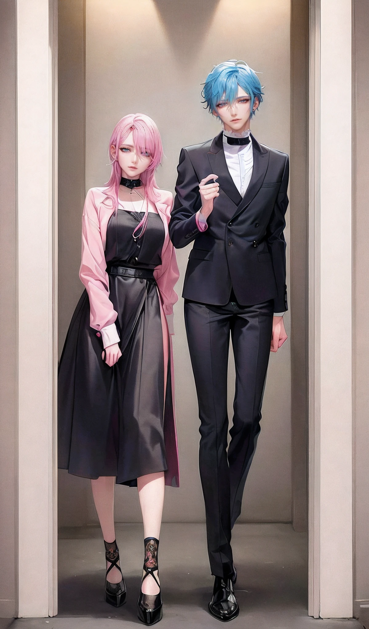 ((Male and female couples)), window, Idol Photos, Photos of actors, Professional Photos, Height difference, tall male, Happiness, youthfulness, extra detailed face, detailed punk hair, very detailed character, inspired by Sim Sa-jeong, Cai Xukun's, detailed realistic faces, highly detailed realistic face, high detailed face anime, realistic detailed face, Accurate detailed face, attractive androgynous humanoid, Cool Korean fashion in black and white, ((With a man with light blue hair)), ((Woman with pink hair)), ((Woman with long hair below waist)), ((Man with short hair over ears)), ((Pink hair woman with gentle expression)), ((Man with light blue hair with wild expression)), high-level image quality, masterpiece, Photographed so that the whole body can be seen, Photographed to make clothes look beautiful, Take your eyes off, ((two individuals)), ((British couple))