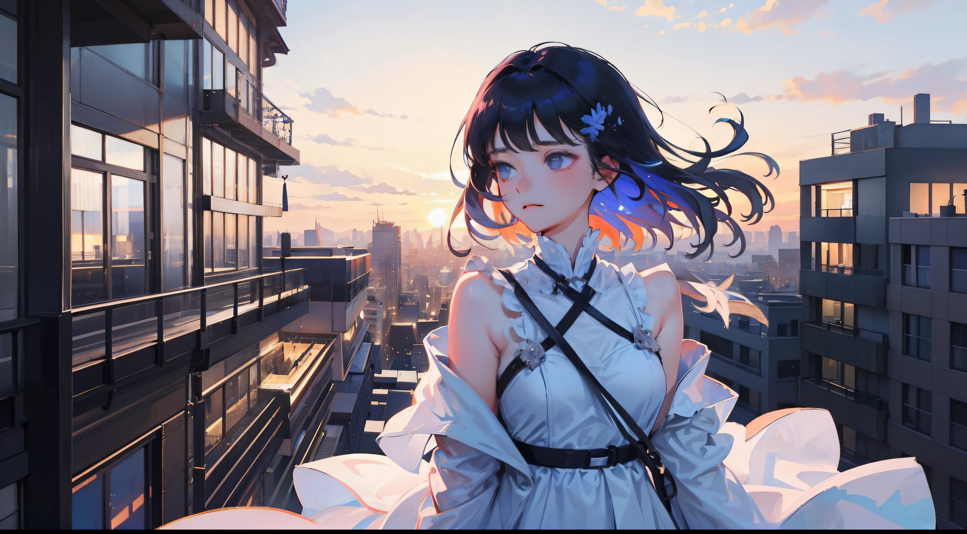 On the roof of a high-rise apartment building in the city、The girl stood，Fluttering in the wind。Her gaze stared into the distance.、I have a mixture of dreams and sadness in my heart.。The lights of the surrounding buildings illuminated her silhouette.、It was as if she had integrated into the city herself