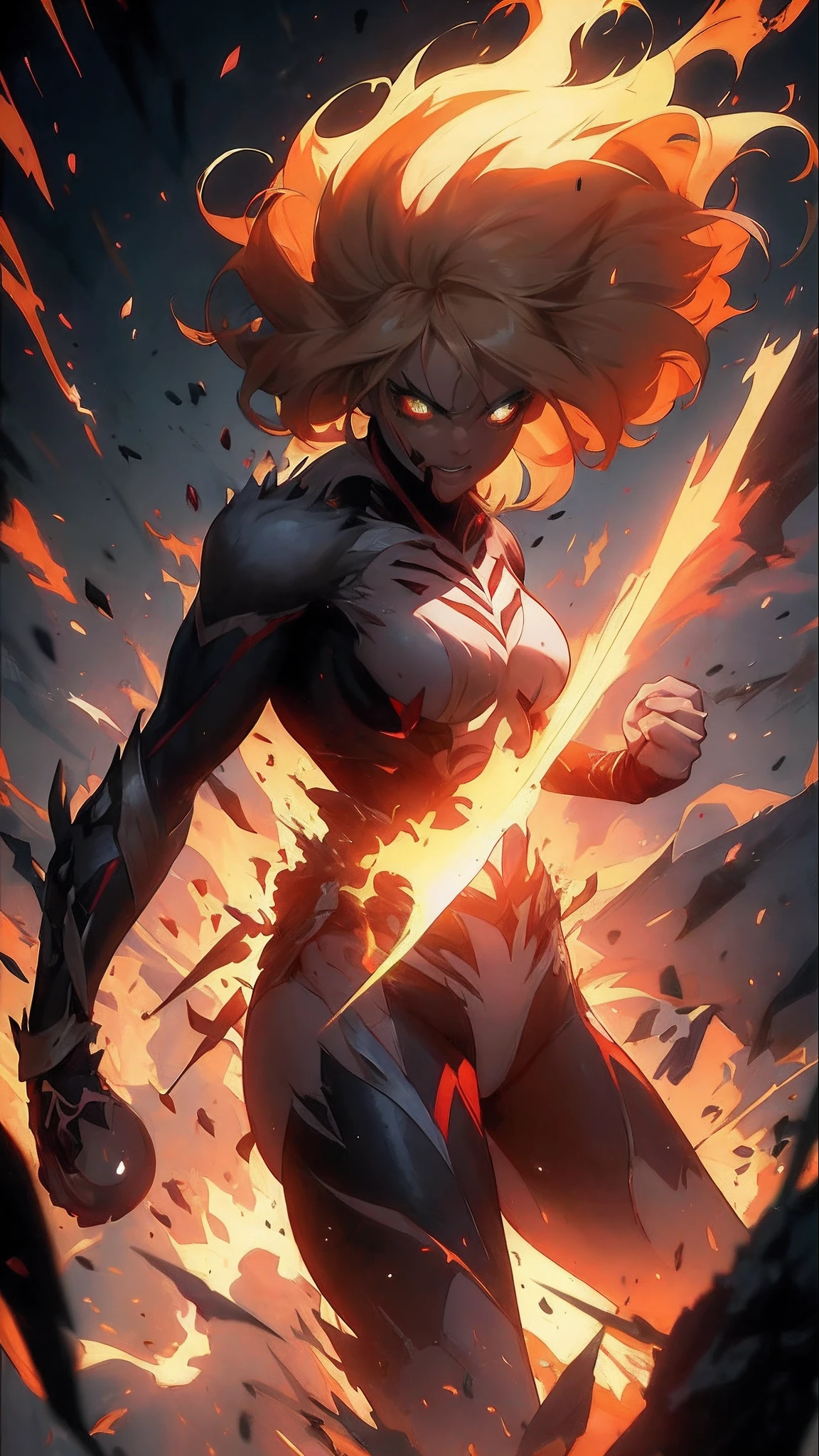 um close up de uma mulher com uma espada em um fogo, cara bonito na arte demon slayer, badass anime 8 k, guilty gear strive splash art, estilo de arte demon slayer, anime epic artwork, Artgerm e Atey Ghailan, expressando alegria. Directed by: Krenz Cushart, Krenzcushart, protagonista feminina 👀 :8, Arte Oficial