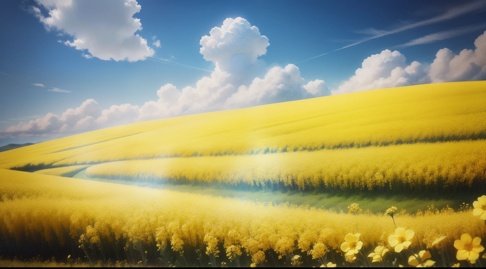 Canola flower field,with blue sky and white clouds,at ease,hyper realisitc,Live-action rendering