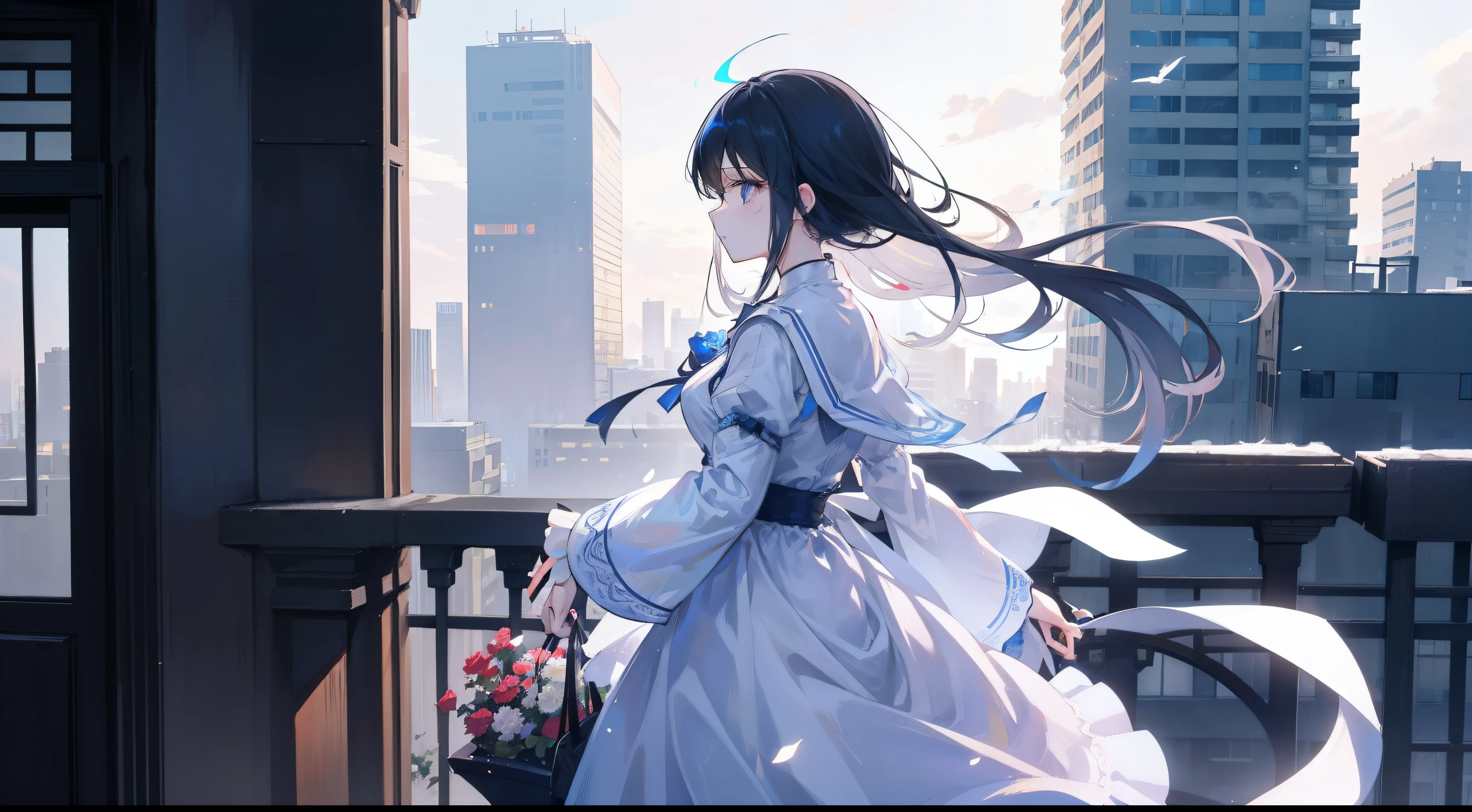 On the roof of a high-rise apartment building in the city、The young maiden stood and fluttered in the wind。Her gaze stared into the distance.、I have a mixture of dreams and sadness in my heart.。The lights of the surrounding buildings illuminated her silhouette.、It was as if she herself had integrated into the city