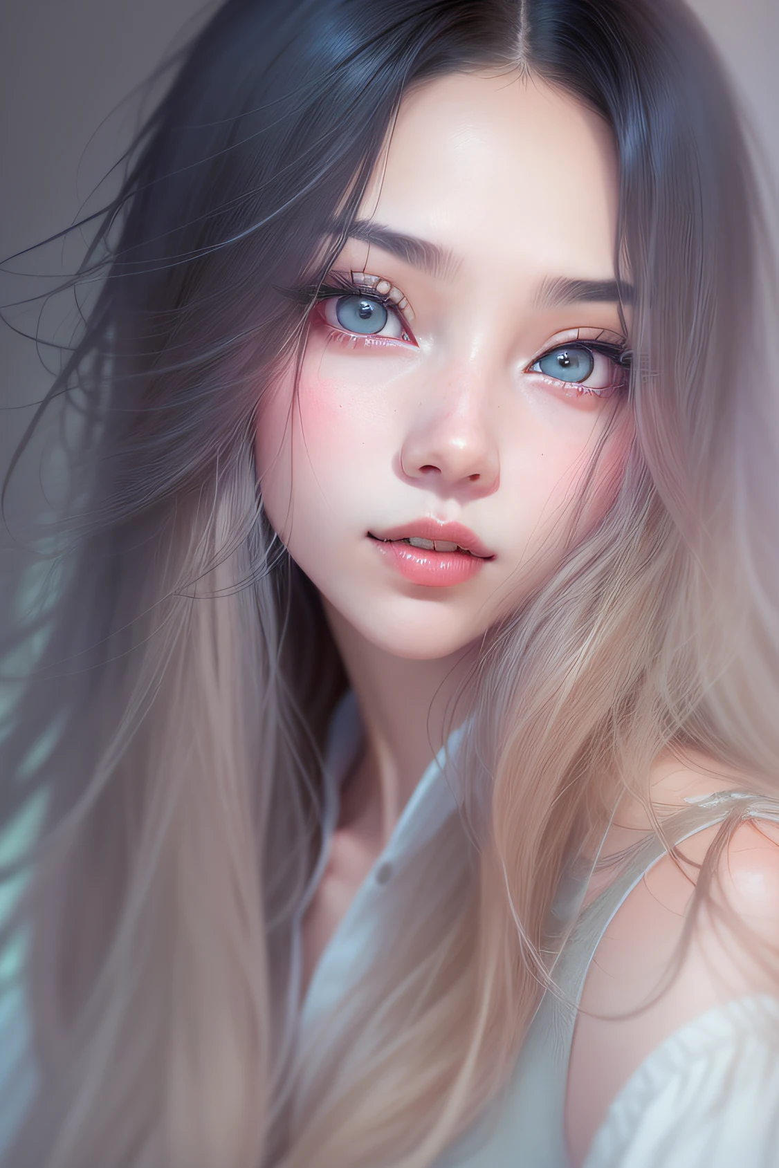 headshot photo、Straight Body、Woman with beautiful long black hair,The hair is fluttering and the most fantastic, Transparency, directly in front, Upper body , Beautiful, No background, simple、Cute feeling eyes are large、It is a prism color,