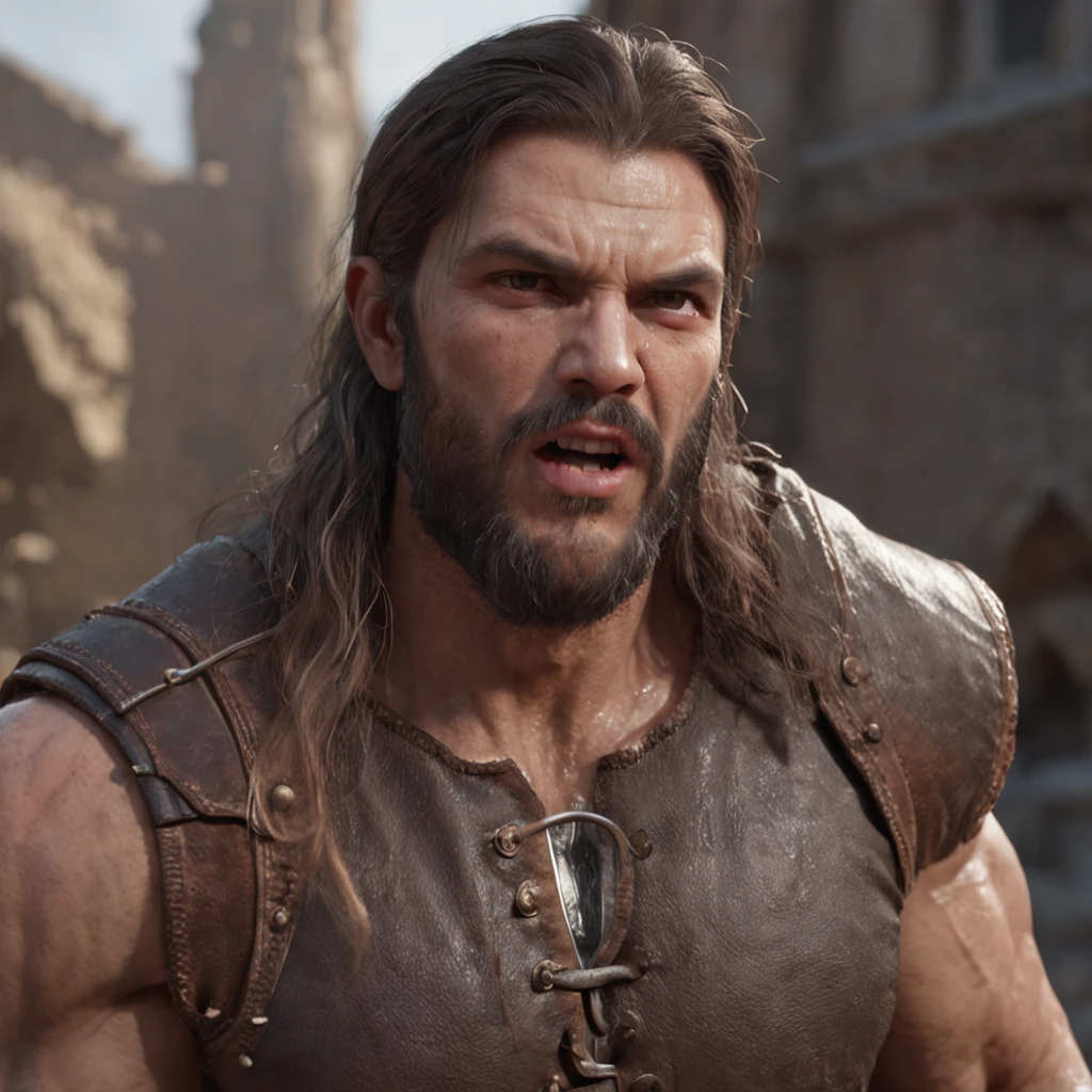 (Professional 3D Rendering:1.3) ng (realisitic:1.3) Photos of the most beautiful works in the world,It features a soft, shiny male hero., ((Epic Hero Fantasy Muscle Man Rough and wet hero Angry look with long hair, short beard, Make a ferocious face in a dynamic pose, Fantastic location, majestic cluttered environment)), Full-body 8K Unity Render, action shot, Skin pores, very dark lighting, Heavy shading, detailed, Detailed face, (lively, photograph realistic, realisitic, Dramatic, Dark, Sharp focus, 8K), (Old leather garments damaged by weathering:1.4), ((((Wearing fur)))), (intrikate:1.4), Decadent, (highly detaild:1.4), digital painting, rendering by octane, Art Station, concept-art, silky, Sharp focus, Illustration, Art germs, (Roysh:0.23), Wlop Ilya Kuvshinov, Greg Rutkowski and Alphonse Mucha Gracias, (Global Illumination, Studio Light, Bolchetic Light), Heavy rain, Floating particles, villainess, Fantasy, elf, full bodyesbian, ((Dark and ancient city background:1.3)),CG Society,Art Station