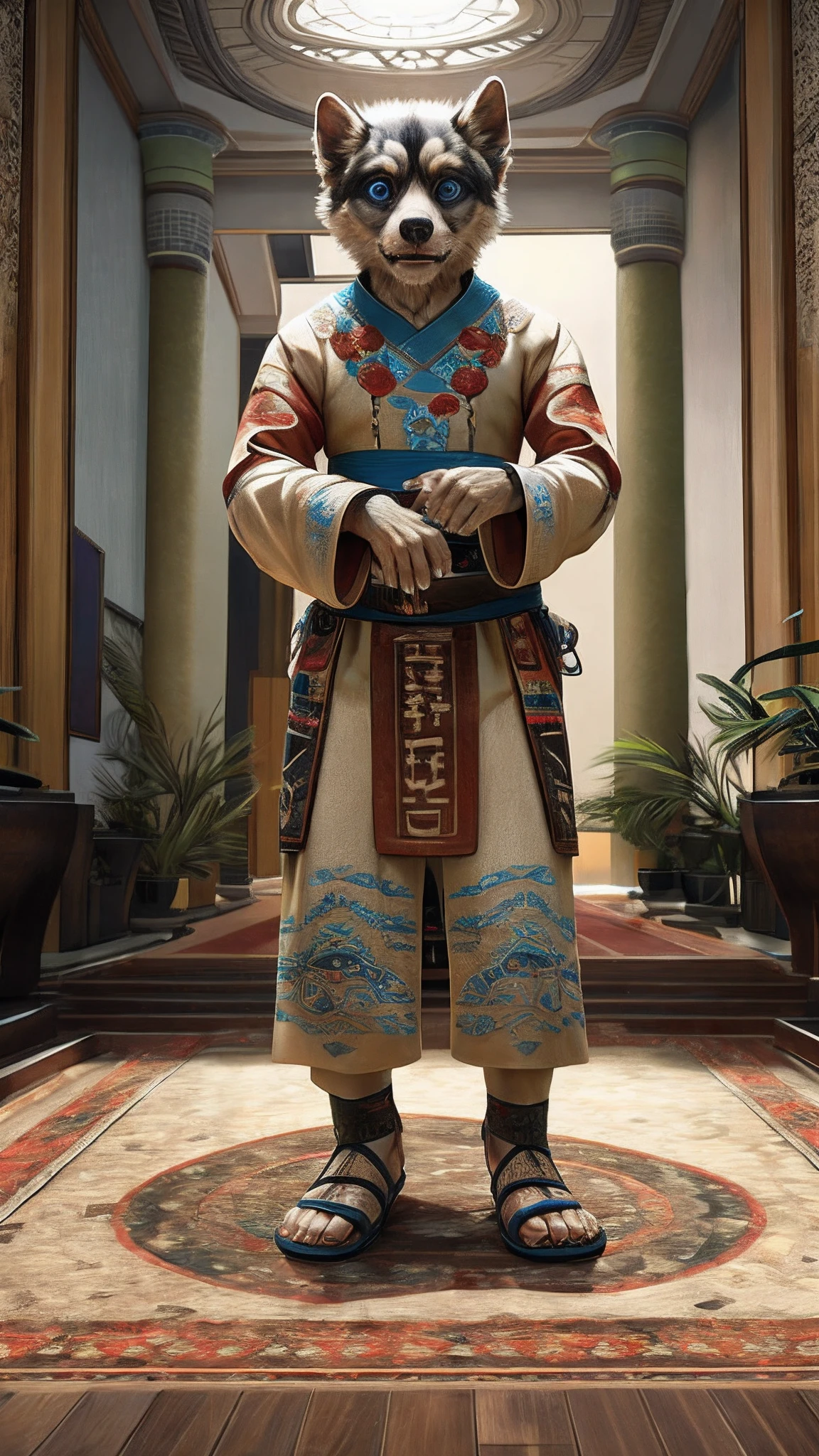 Bionic dog,female,White Hanfu,sandals,Children,Standing on the carpet in the hotel,HD graphics,Detailed and realistic,high detal,high qulity,photo-realistic,photorealistic eye,Detailed paws,Clear eyes,Masterpiece artwork,Five-fingered hands,top-quality,32k,hyper HD