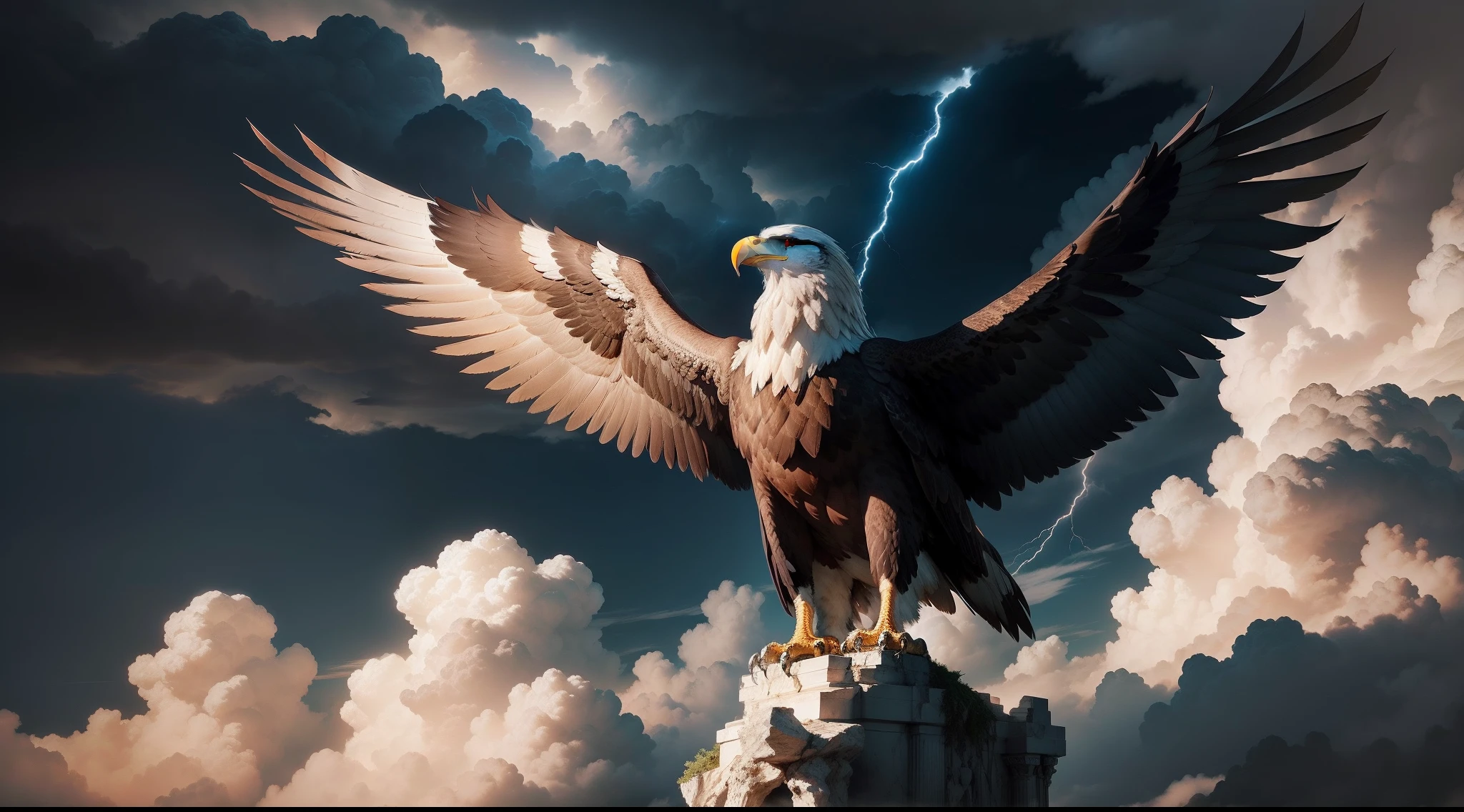 A majestic eagle soars above the clouds, its wingspan casting a shadow of thunder and lightning over the throne of Zeus, King of the Gods.