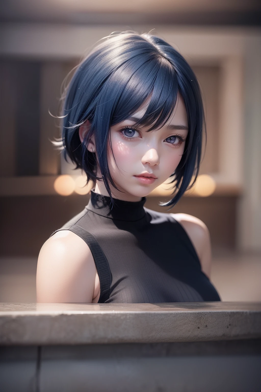short blue haired woman, Smooth Anime CG Art, anime style 4 k, photorealistic anime girl render, detailed portrait of an anime girl, Anime style. 8K, Realistic anime art style, Detailed Digital Anime Art, Portrait Anime Girl, Portrait of an anime girl