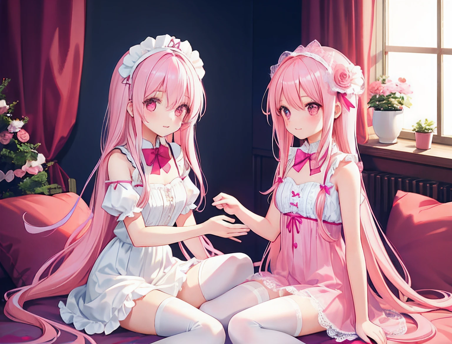 2girls,Girl1:,adolable,A pink-haired,long whitr hair,girl 2:A pink-haired,long whitr hair,Lace lingerie panties,Sit with your legs on your feet,face to face,white stockings