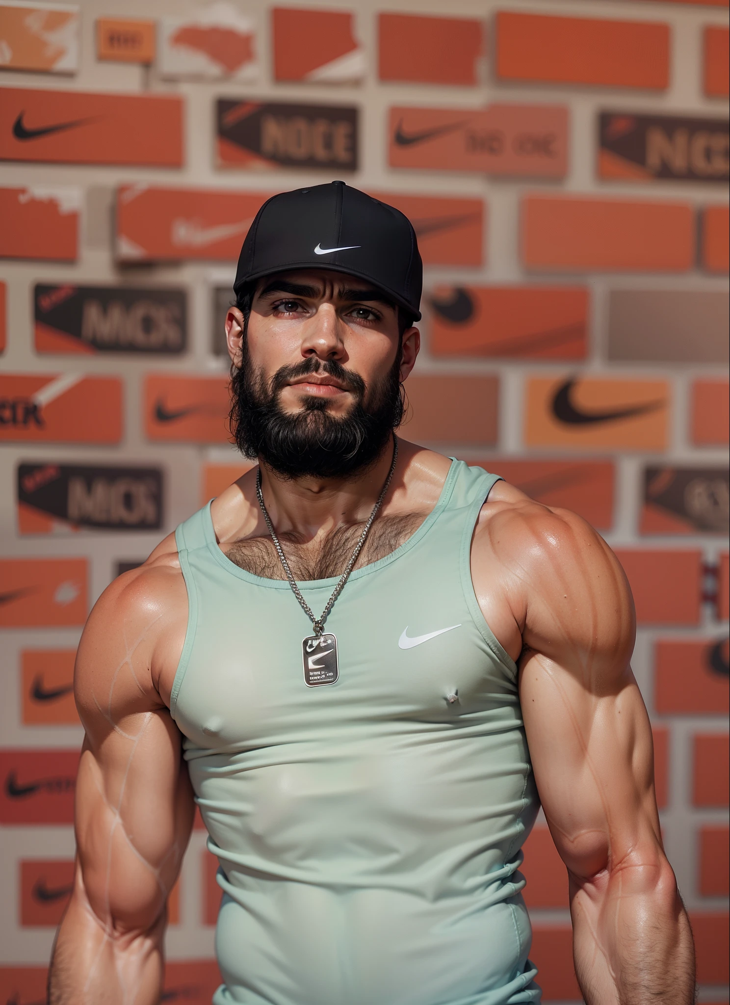 "corpo muscular, black Nike cap, barba bem cuidada"