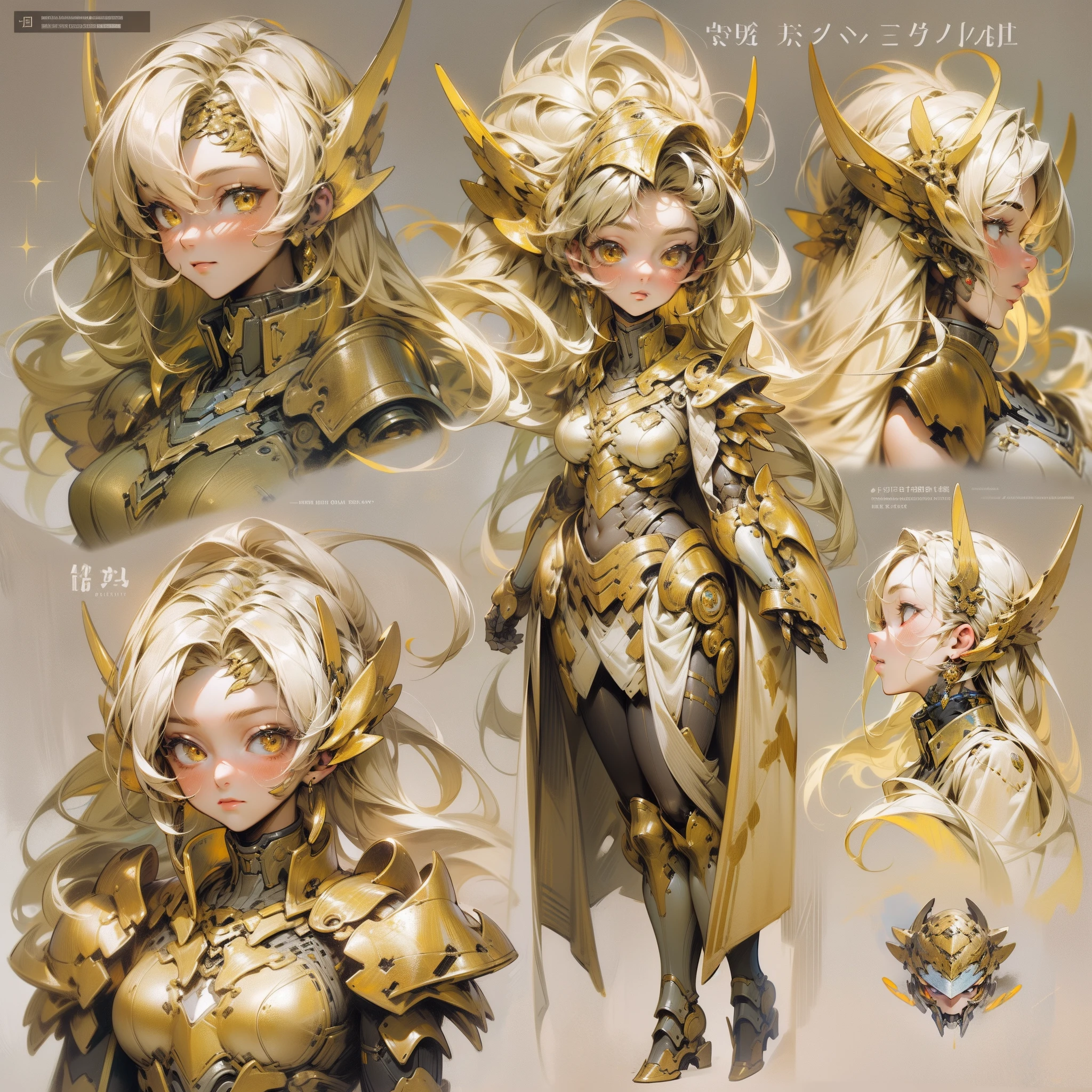 ((Masterpiece, Highest quality)), Detailed face, CharacterDesignSheet, full bodyesbian, Full of details, Multiple poses and expressions, Highly detailed, Depth, Many parts,beuaty girl,cinmatic lighting,with light glowing,Armour,mechs,golden robes,golden colored