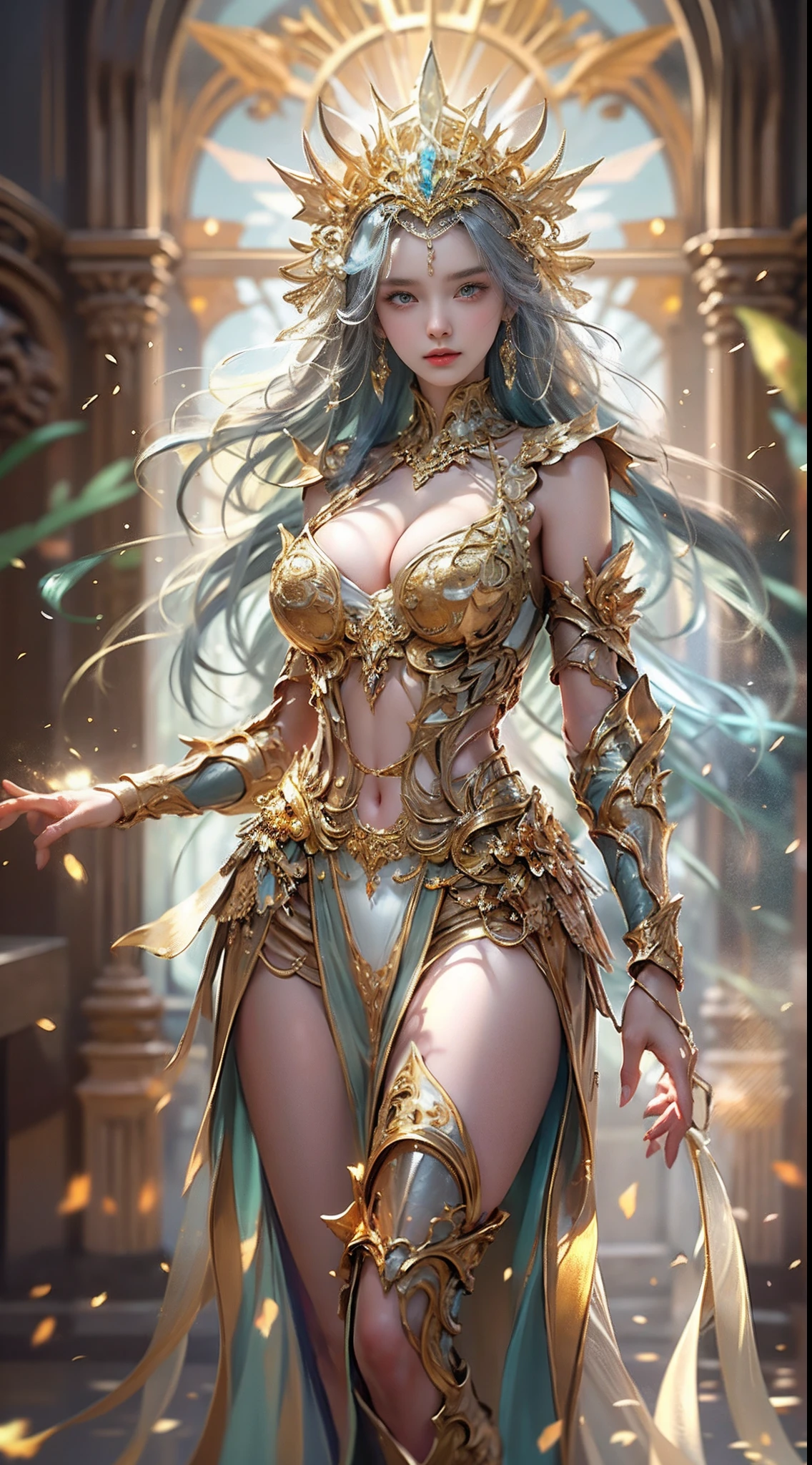 Woman in a golden transparent dress,view the viewer,(((Huge breasts, Large cleavage))),Slim waist,(navel baring,Bare waist), Long hair, Ultra-detailed details,High-end Zhenyi station, Rainstorm site, detailed fantasy art, Stunning character art, Beautiful and exquisite character art, Beautiful gold and silver armor, Extremely detailed, Girl in shiny armor, Exquisite tiaras and jewelry,Crystal jewelry filigree, milky ways, Stunning visuals, (dynamic streaks, light tracks:1.2), Vibrant colors,