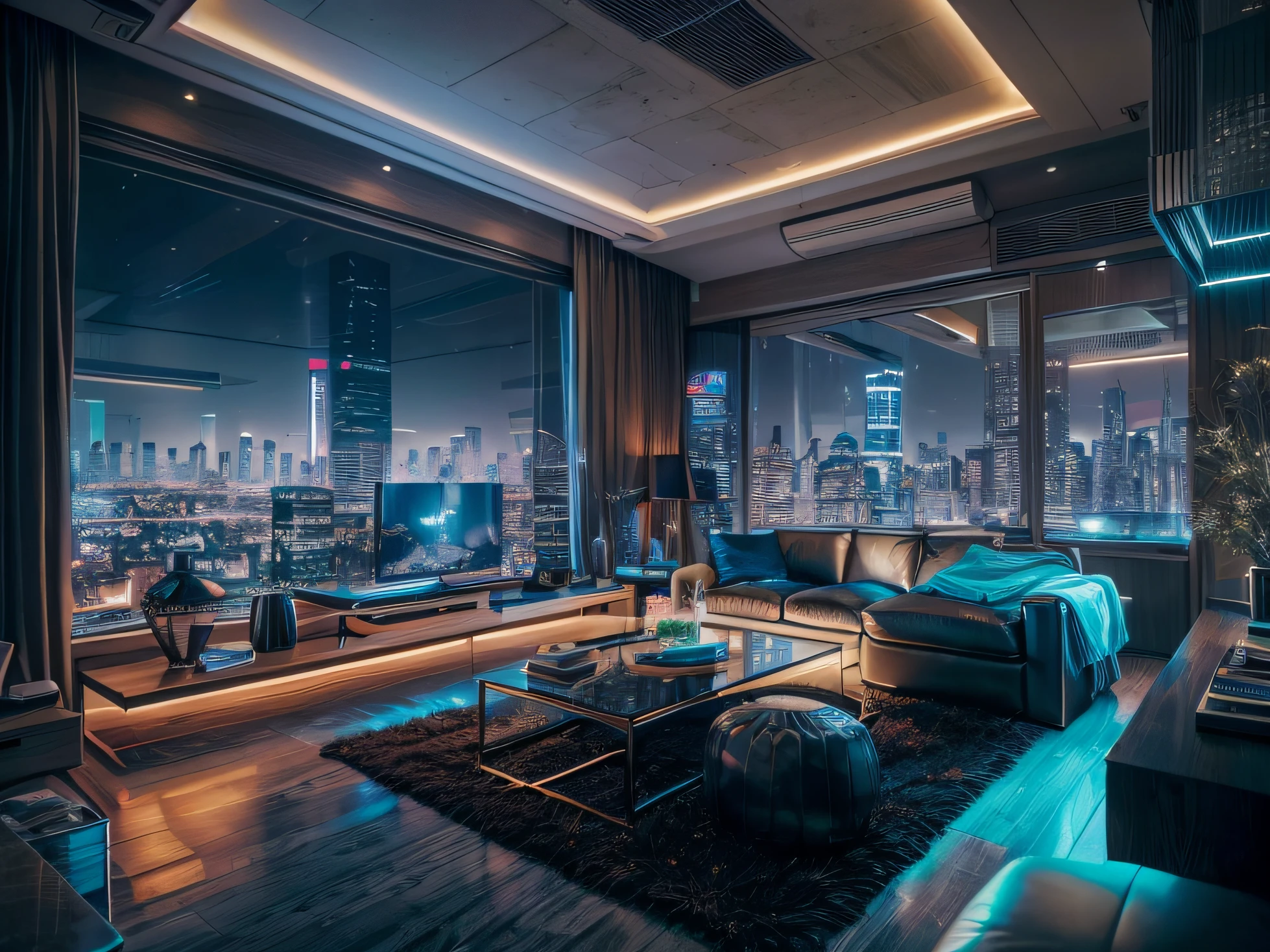 "Futuristic sleek modern living room in Japanese style with stylishly designed TV, Comfortable sofa, And a stylish desk. Through floor-to-ceiling windows、Enjoy stunning views of the bustling night cityscape, Create a captivating cyberpunk atmosphere."