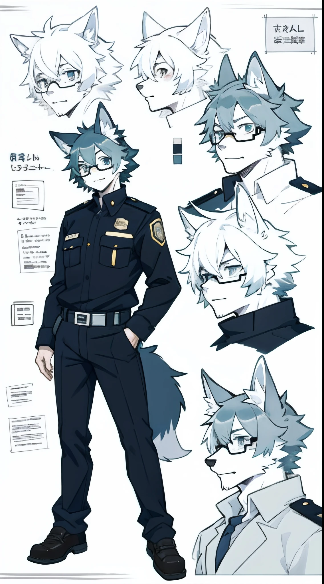 highres, top quality, best quality, paid reward available, High-quality illustrations, unparalleled masterpiece, perfect artwork, absurdres, perfect anatomy, standing kemono boy, three view drawing, front and side and back, character sheet, character design police man!!, anime character, glasses, facial expressions, Detailed description of character, text, Transform wolf, Collection of setting materials,