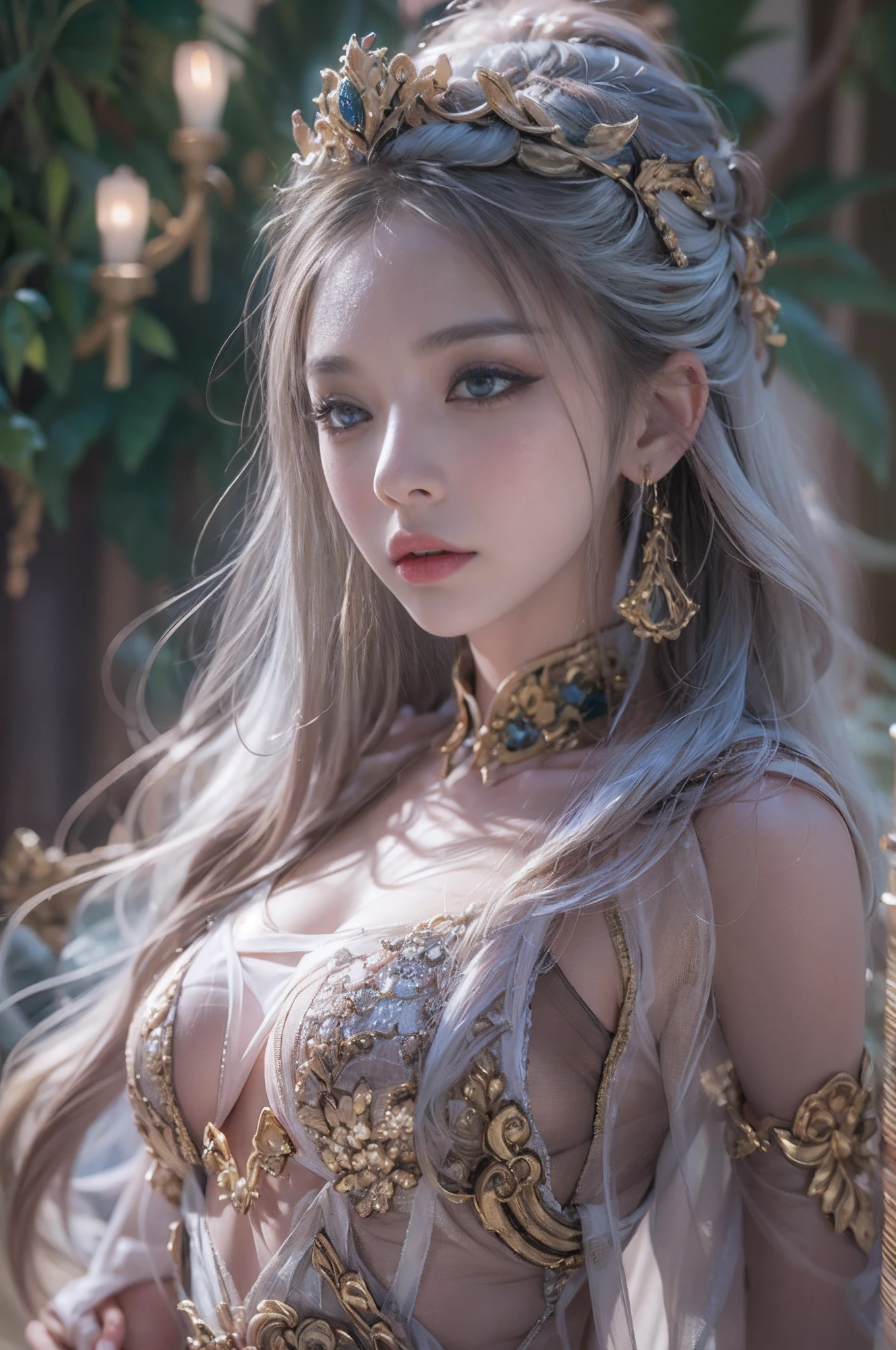 Beautiful eye makeup,(Pearlescent eyeshadow), (Sequin makeup), Chu Chu's pitiful eyes,Blush,Look to the lens,slender leg,Spread your legs apart,The shirt is open,Clear face,(((Bigchest)))