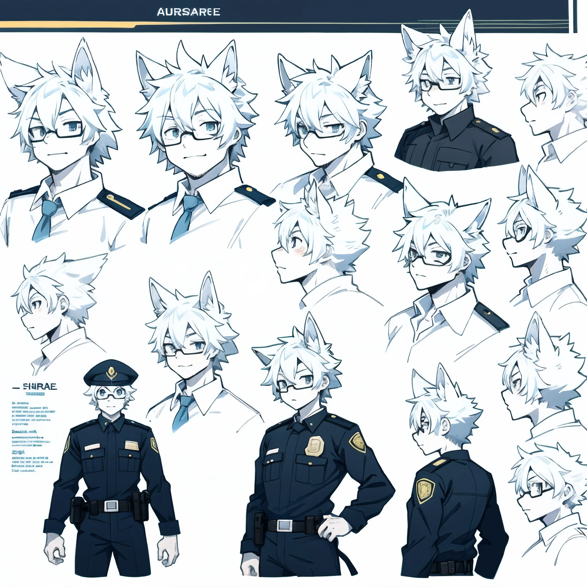highres, top quality, best quality, paid reward available, High-quality illustrations, unparalleled masterpiece, perfect artwork, absurdres, perfect anatomy, standing kemono boy, three view drawing, front and side and back, character sheet, character design police man!!, anime character, glasses, facial expressions, Detailed description of character, text, Transform wolf, Collection of setting materials,