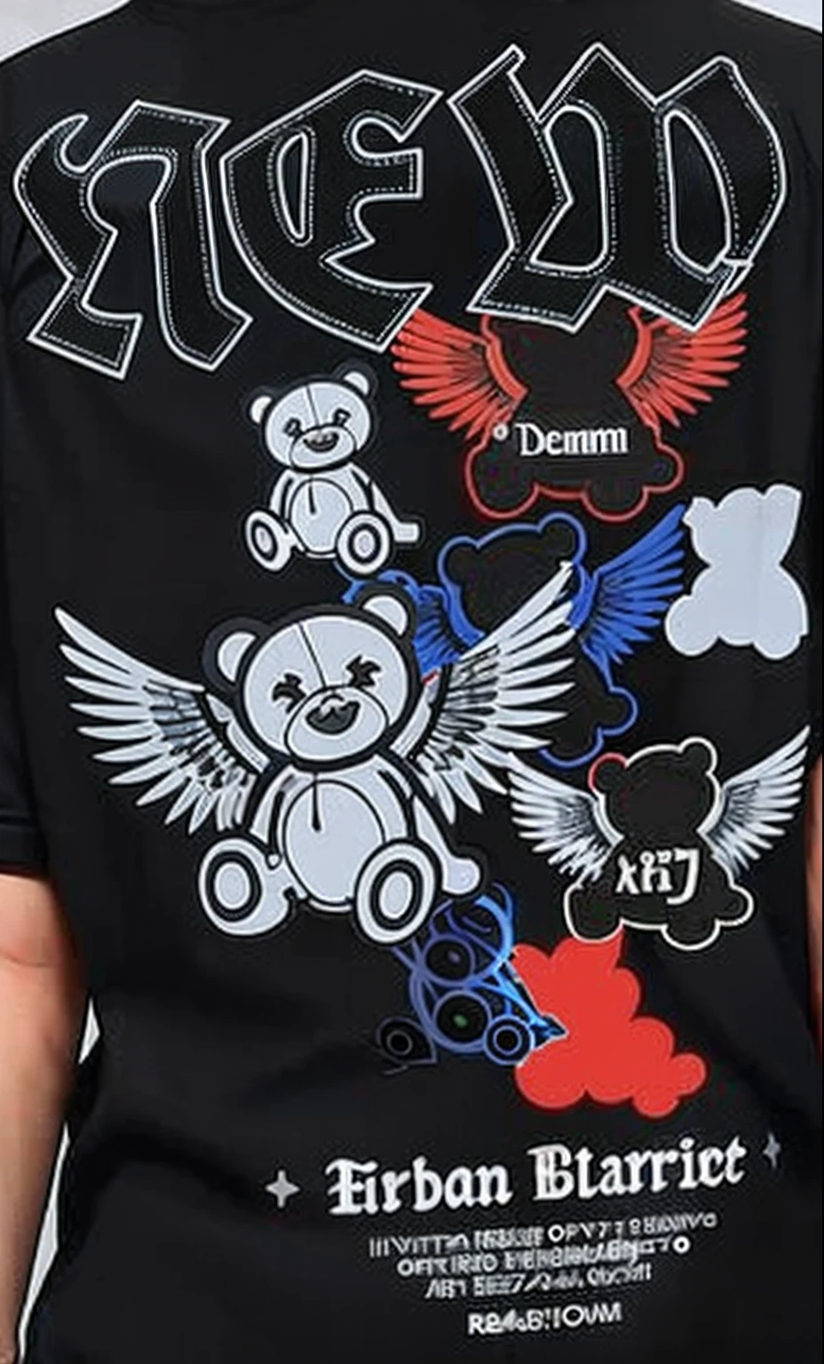 design of a teddy bear and a heart, crazy detail, close up details, chrome hearts, beams, dreamy, toyism, style of masami kurumada, dreamyart, ! dream, bears, tshirt!!, high detail clothing, rich detail, graphic tees, dreams, sky!!!, detailed clothing