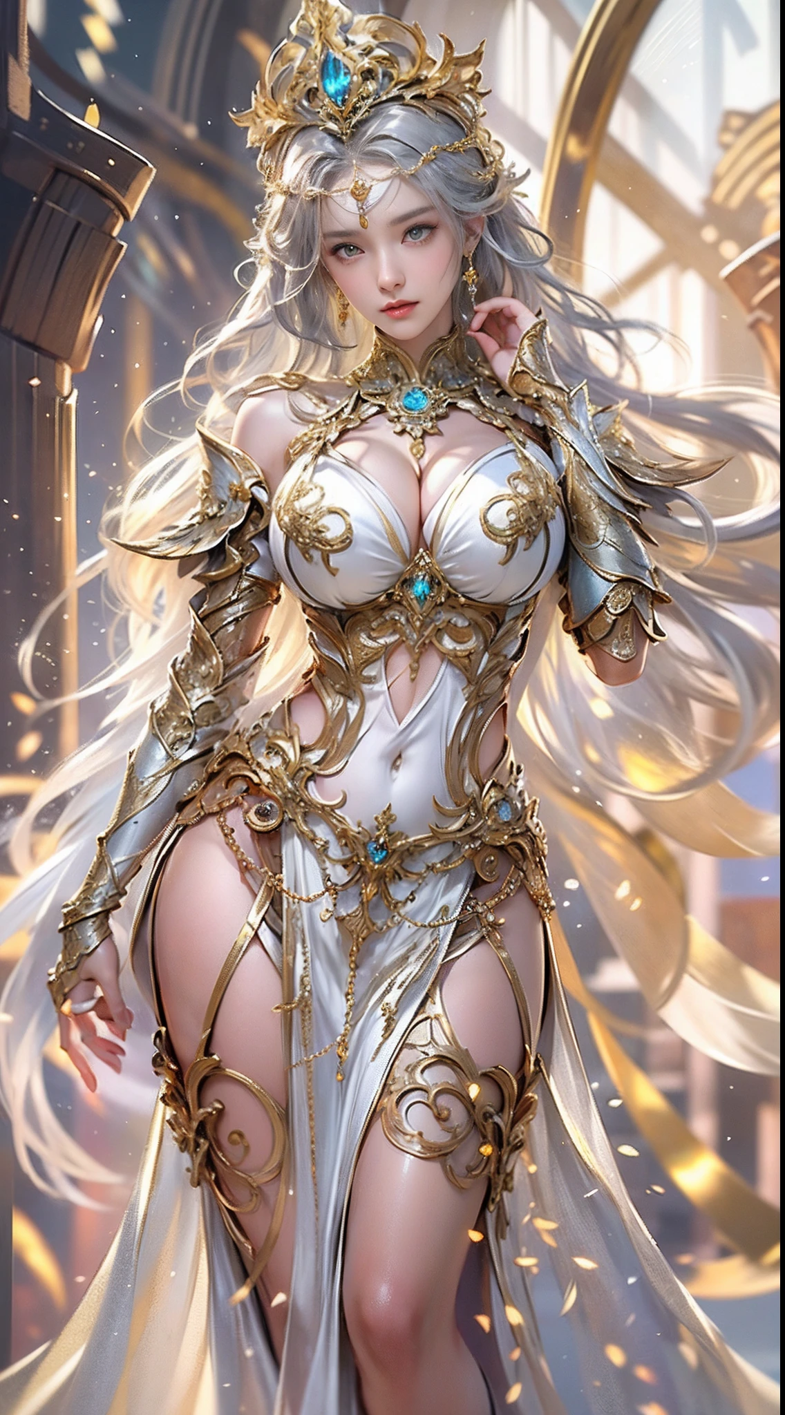 Woman in a golden transparent dress,view the viewer,(((Huge breasts, Large cleavage))),Slim waist,(navel baring,Bare waist), Long hair, Ultra-detailed details,High-end Zhenyi station, Rainstorm site, detailed fantasy art, Stunning character art, Beautiful and exquisite character art, Beautiful gold and silver armor, Extremely detailed, Girl in shiny armor, Exquisite tiaras and jewelry,Crystal jewelry filigree, milky ways, Stunning visuals, (dynamic streaks, light tracks:1.2), Vibrant colors,