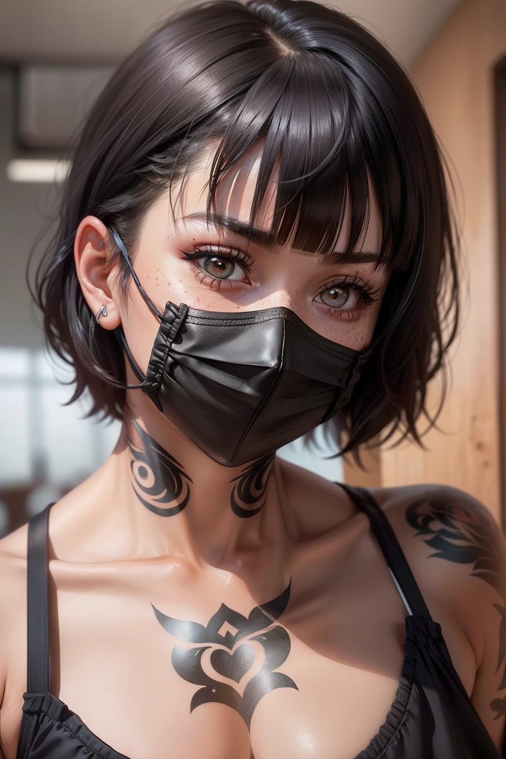 1 Close up portrait of 30-year-old woman with tattoos all over her face (Wearing a mask over his eyes) ((Loire)), ((short straight hair with bangs)), smiling,((On his face々There are no tattoos)),( fleshy lips)big eye,freckles on face ,red lipsticks,( Pils on the lips),choker necklace, 耳Nipple Ring, and makeup, See the angle of the face up close, looking in camera