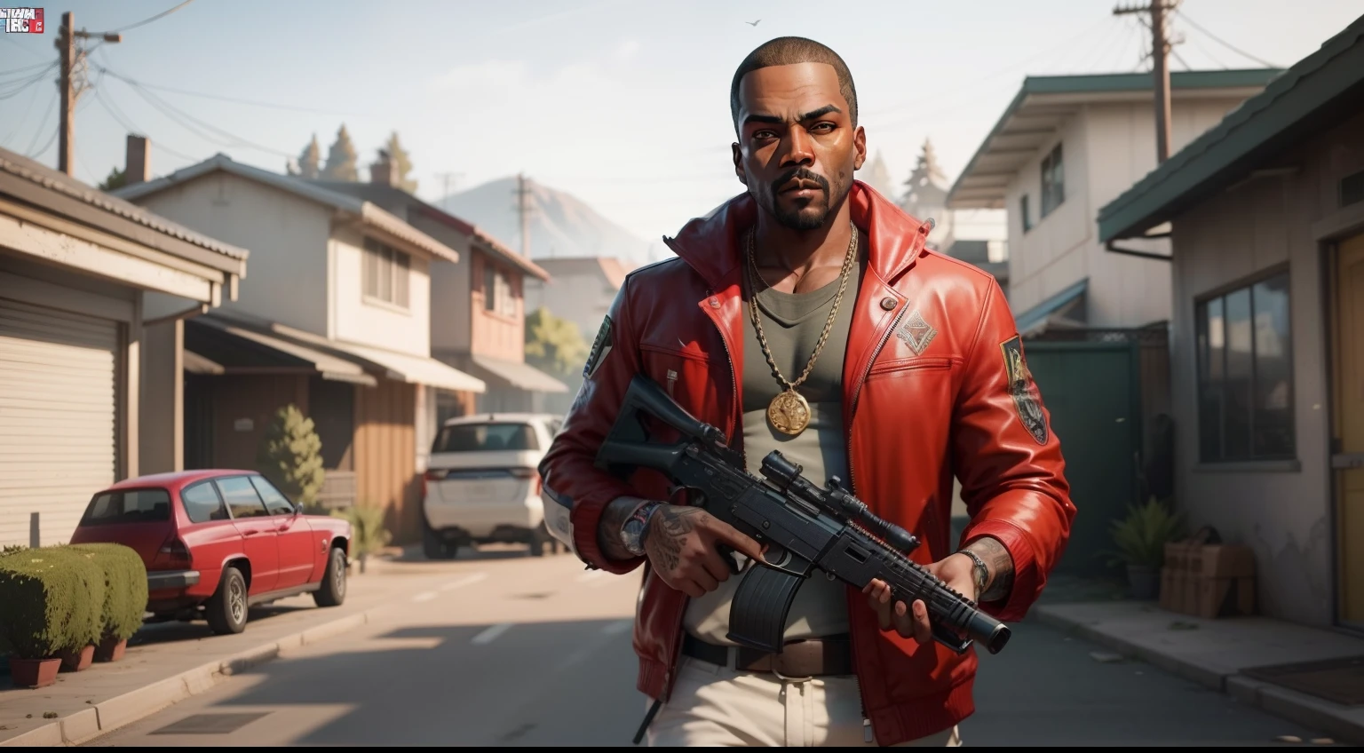 There's a man holding a gun on a wooden deck, gta personagem, Como o protagonista de GTA 5, GTA V Estilo, como um personagem de gtav, Kanye West em GTA v, drake em gta v, Estilo GTA5, gta v personagem, empunhando fuzil de assalto, Snoop Dogg em GTA V, gta 5 tom de pele, Jesse Pinkman em GTA v, de bala clava,toca no rosto, colete a prova de bala preto,Fuzil AK-47