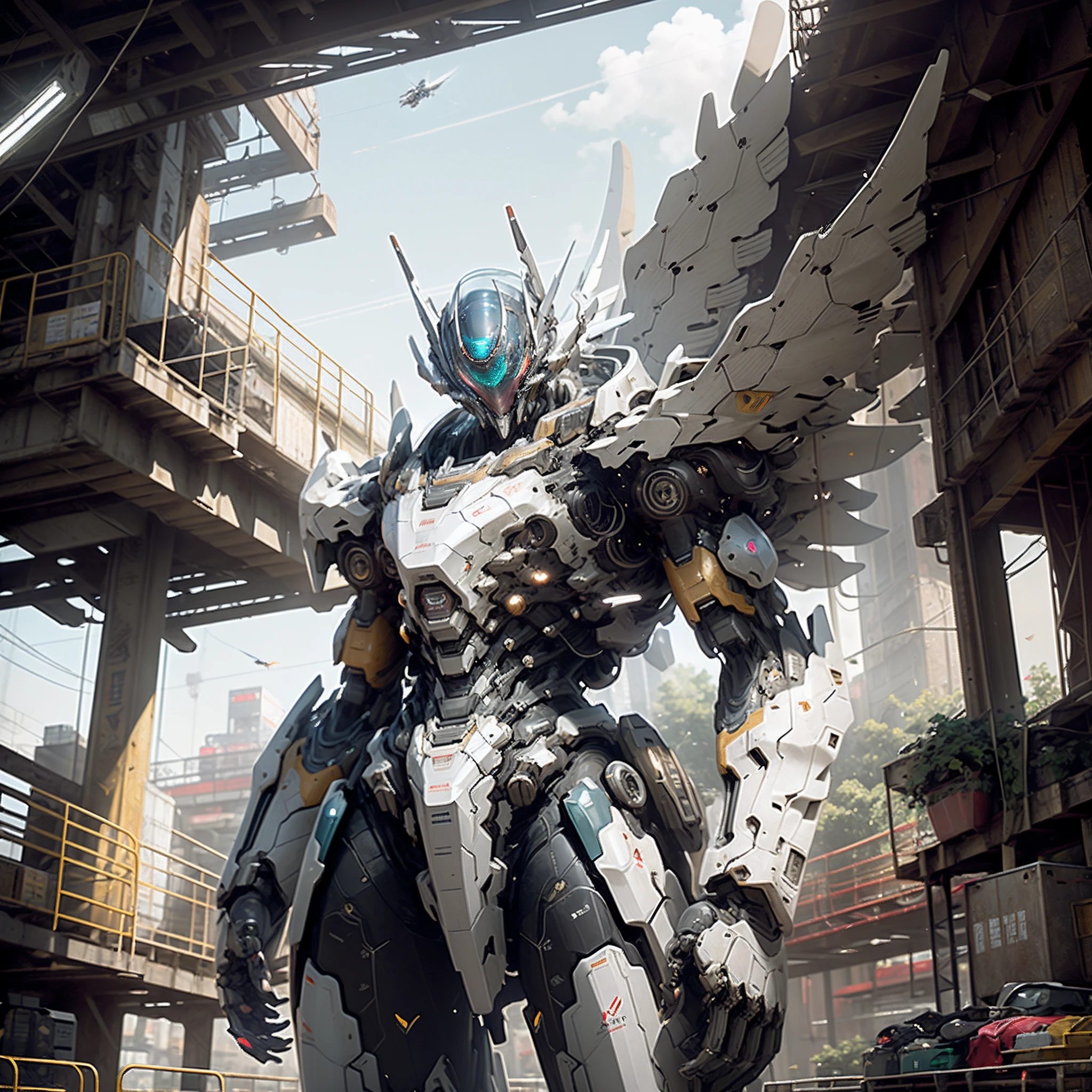 ((Best quality)), ((masterpiece)), (highly detailed:1.3), 3D, beautiful, (cyberpunk:1.2), in space, nebula, holding_weapon, (1Female mecha:1.3), facing the viewer, glowing eyes, full body, (flying, swooping down, dynamic, motion blur: 1.4), (huge mecha wings: 1.6), looking up, glowing_eyes, mecha, panorama, background is earth, nebula, space, particles, reality, HDR (High Dynamic Range), Ray Tracing, NVIDIA RTX, Super Resolution, Unreal 5, Subsurface Scattering, PBR Texturing, Post Processing, Anisotropic Filtering, Depth of Field, Maximum Clarity and Clarity, Multilayer Textures, Albedo and Specular map, Surface shading, accurate simulation of light-material interaction, perfect proportion, Octane Render, two-tone lighting, large aperture, low ISO, white balance, rule of thirds, 8K RAW, efficient sub-pixel, sub-pixel convolution,