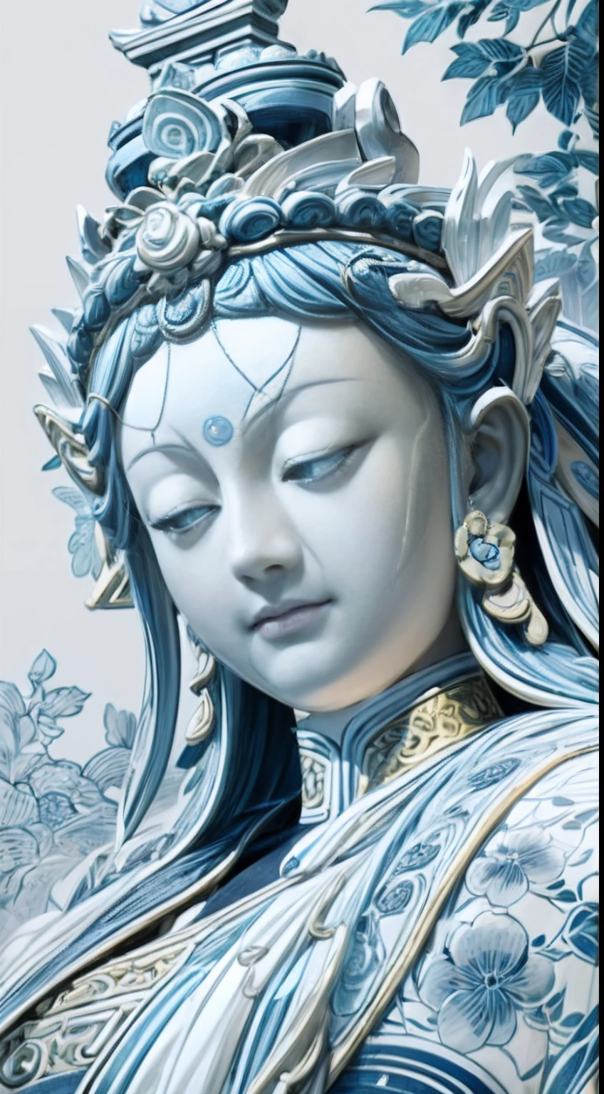 Blue and white porcelain statue of Guanyin,anatomy correct,Delicate pattern,Oriental elements,Ink painting style, Clean colors,White background, Soft lighting, ( Bokeh),Masterpiece, Super detailed, Epic composition, Highest quality, 4K,