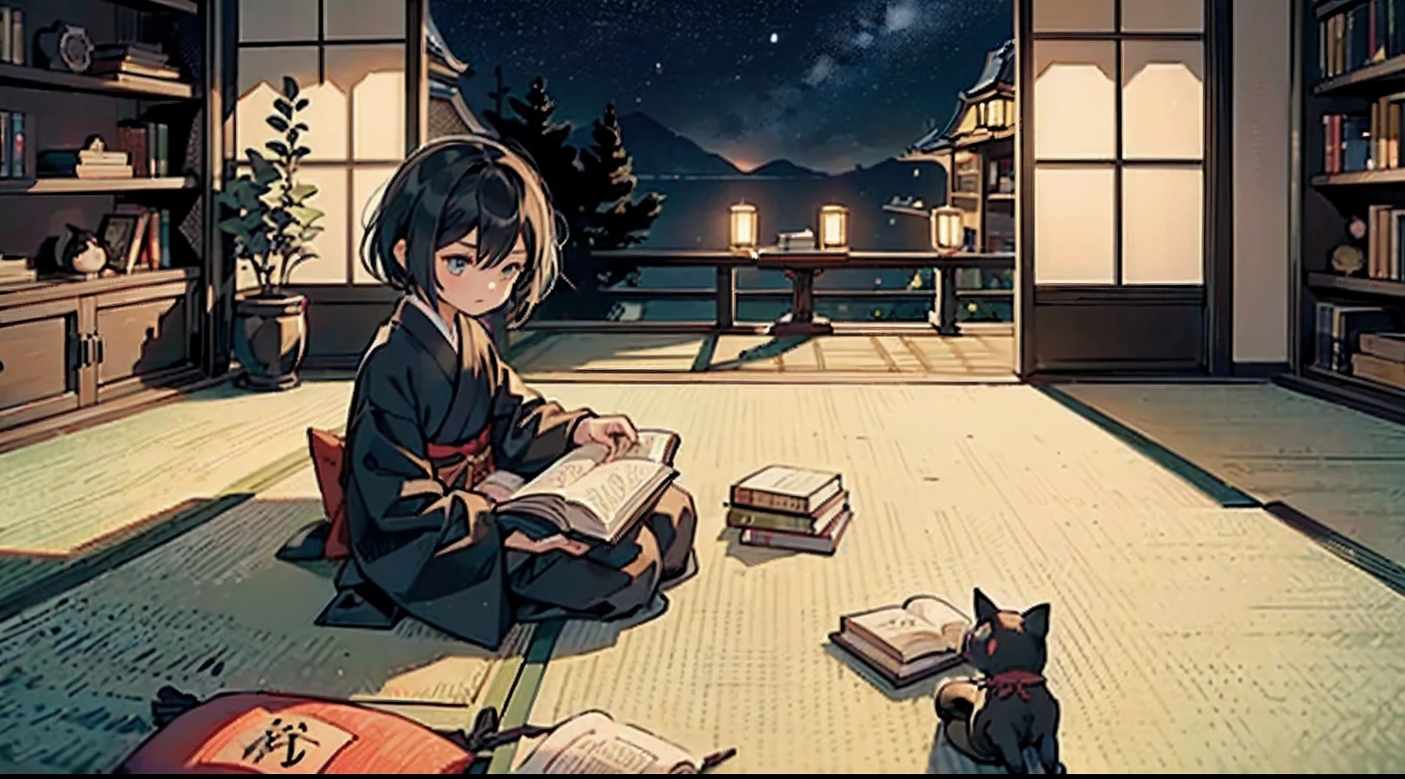 #Quality (intricate-detail、ultra-detailliert:1.2,Masterpiece,cinematic shot),
#night sky (darkness of night,no light),
#one writing boy (16 male、writer,Honor Students、A dark-haired、short-hair、hakama,sit flat),
#black room at night (no light,black cat,books on desk,one candle,pretty tatami,a lot of books,bookshelf)