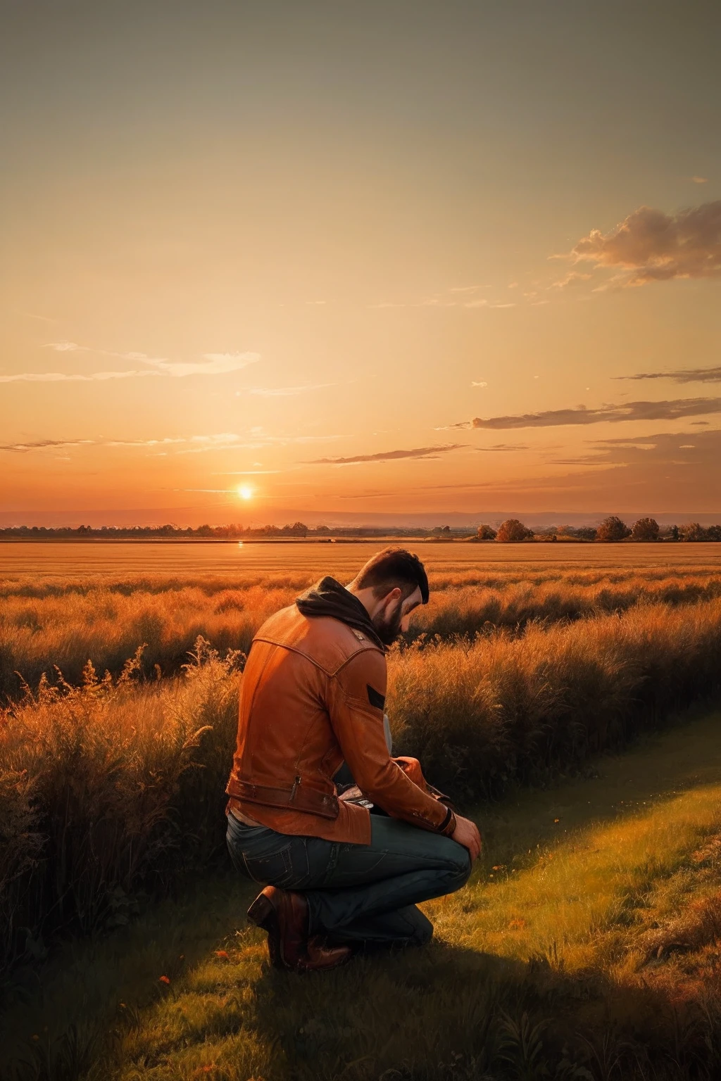 Man of faith kneeling in a vast field, orange sky