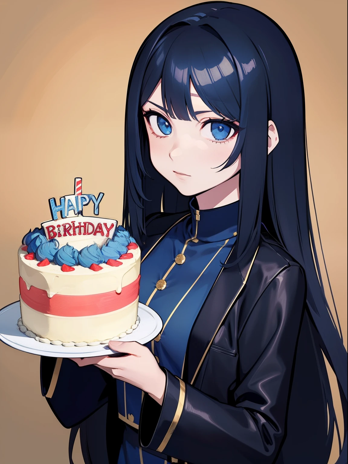Handsome woman,cabelos preto e longos,Long straight hair,Qi bangs,blue color eyes,celebrating a birthday,The birthday cake,Long jacket,Wide sleeves,orthofacial,A half body