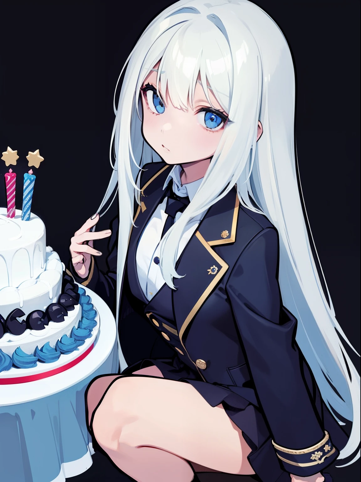 Handsome woman，cabelos preto e longos，Long straight hair，Qi bangs，blue color eyes，celebrating a birthday，The birthday cake，Long jacket，Wide sleeves，orthofacial，A half body