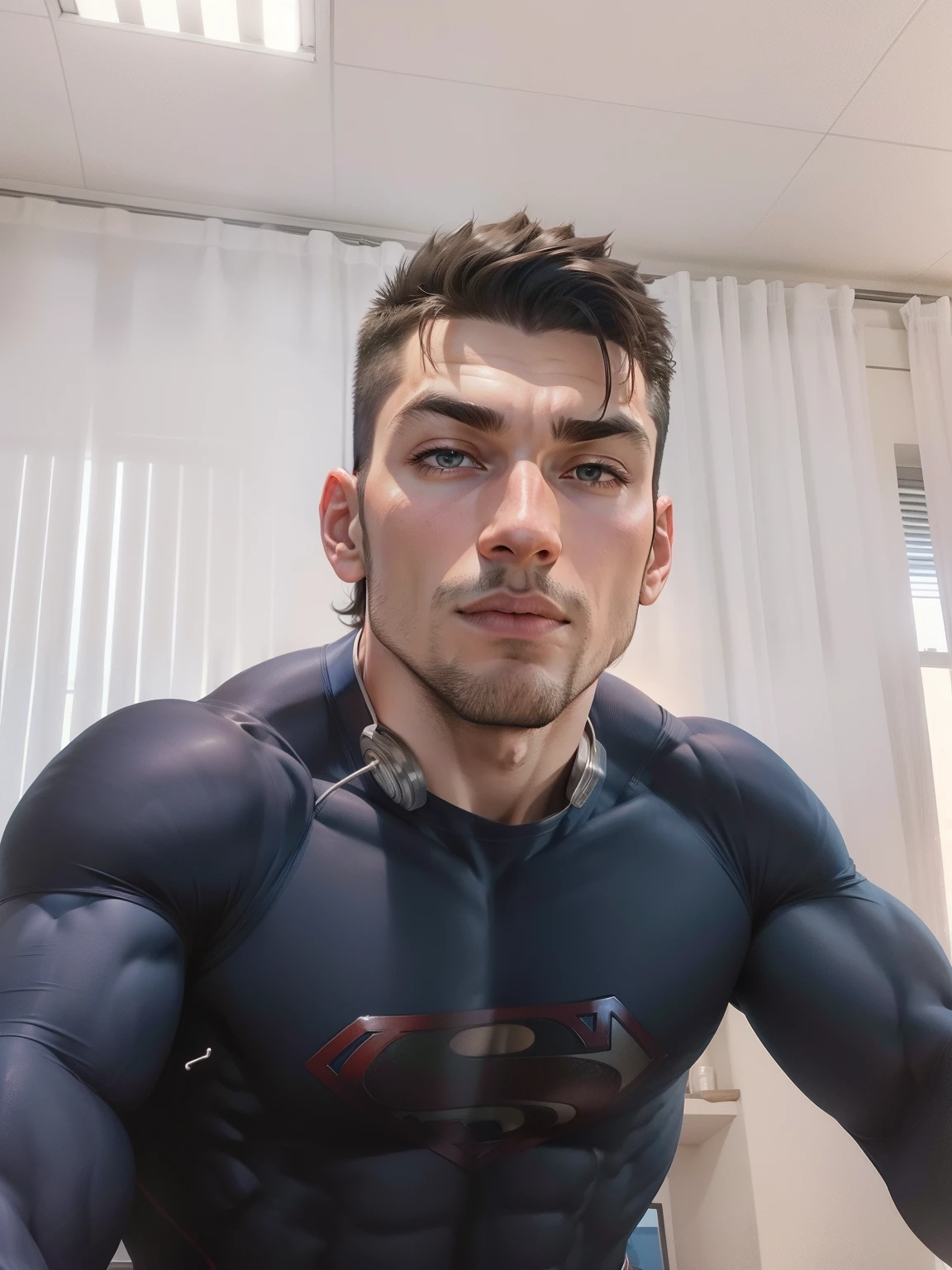Muscular man with features of superman in social clothing in outer space.
