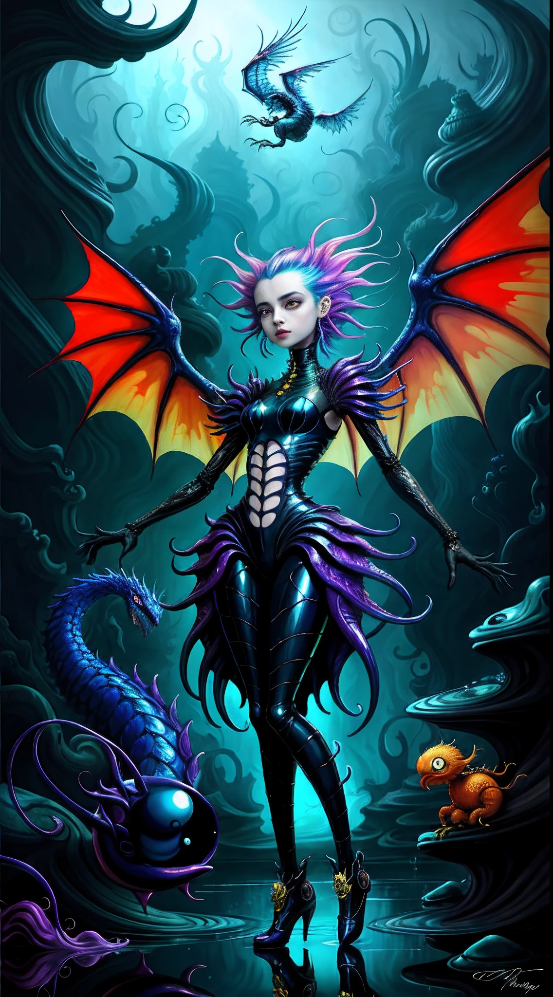 (best quality: 1.4), (masterpiece: 1.2), detailed, complex, high resolution, iridescent colors, A charming and fascinating creature with otherworldly forms that blend the best aspects of the monster human form and the innocent charm of a precocious , scales, wings, blue, texture, complex, gorgeous, 3D, highly detailed, decorative style, Tim Burton, Dale Chihuly, Bruce Zheng, Cyril Rolando, H. R. Giger $plastic$ Grid: Real Lenoid afremov style, wet, fire ,fire ,dragon