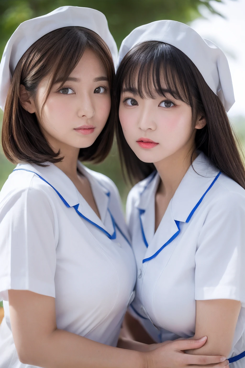 (top-quality、8K、32K、​masterpiece、nffsw:1.2)、Photo of a cute Japanese woman、2 girls、(Medium short dark brown hair)、(Colossal tits)、二重まぶた、Cute white nurse clothes、Little White Nurse (caps) 、White shirt、open-shirt、full body Esbian、a miniskirt、Seductive eyes、fullnude