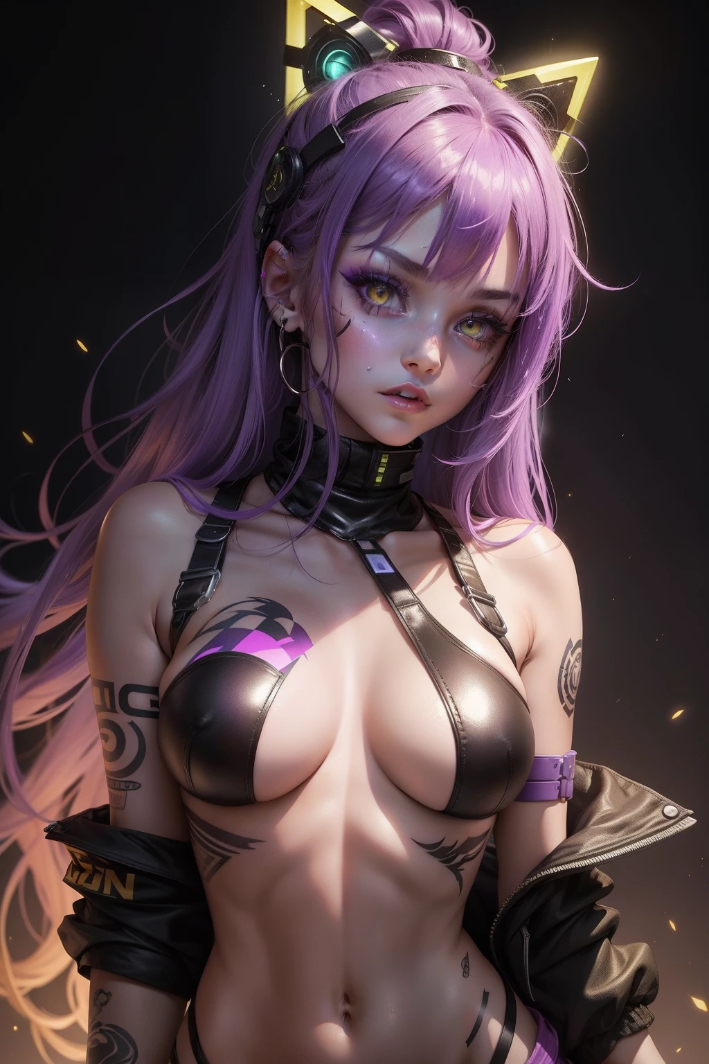 1girl, purple hair, yellow eyes, half naked, tattoo on top of body, cyber outfit, eyes glow yellow, glitter over body