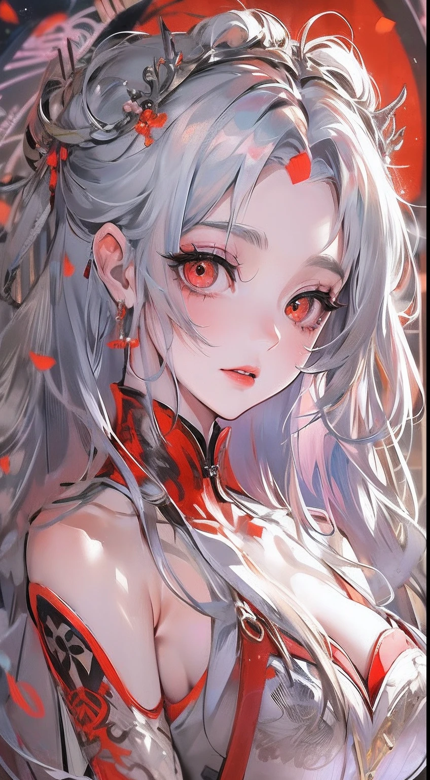 anime big breast,best qualtiy,Elaborate Eyes,Silver hair,Red eyes,terroral,Red wedding dress,big breasts enchanting,s the perfect face,perfect body figure