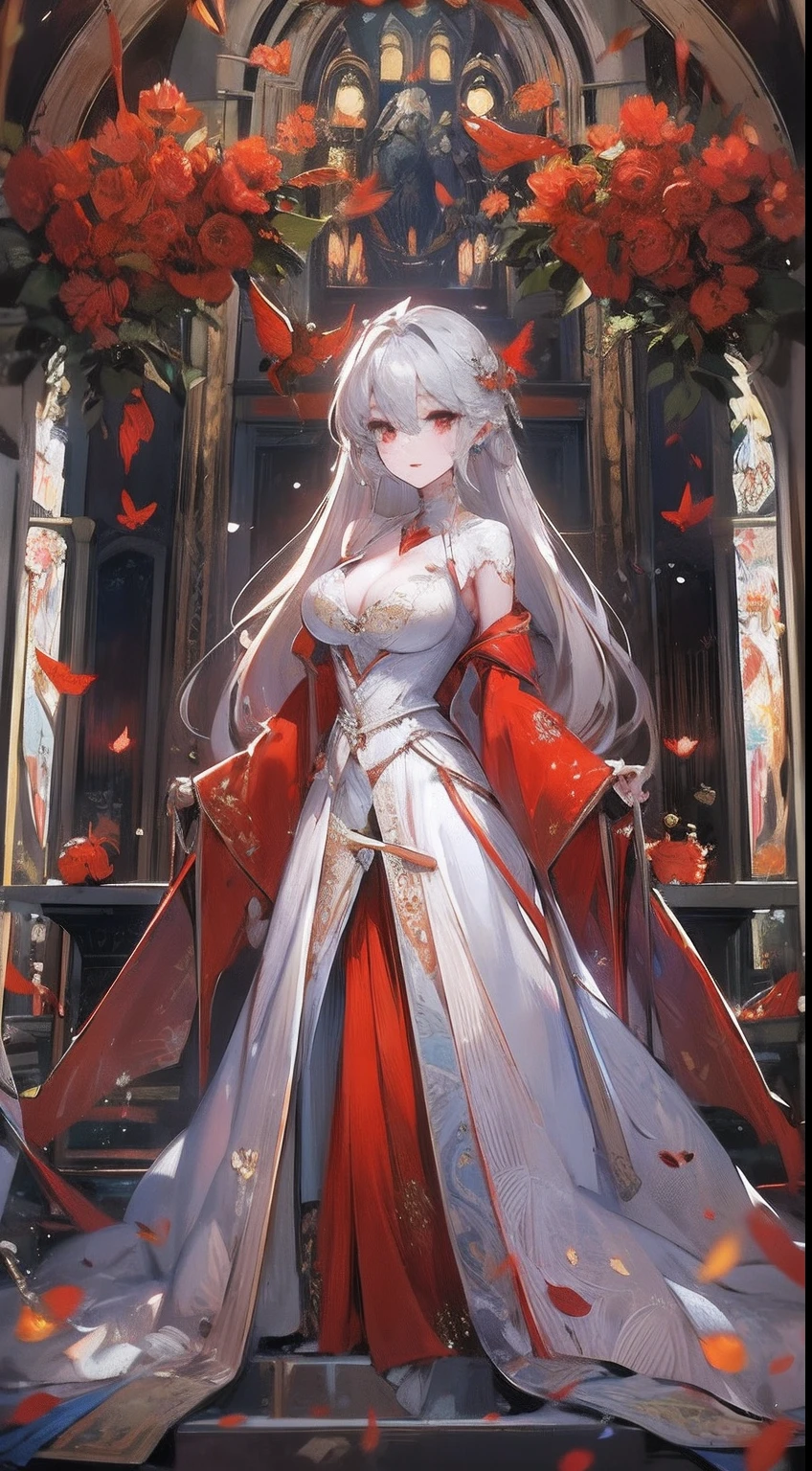 anime big breast，best qualtiy，Elaborate Eyes，Silver hair，Red eyes，terroral，Red wedding dress，big breasts enchanting，s the perfect face，perfect body figure