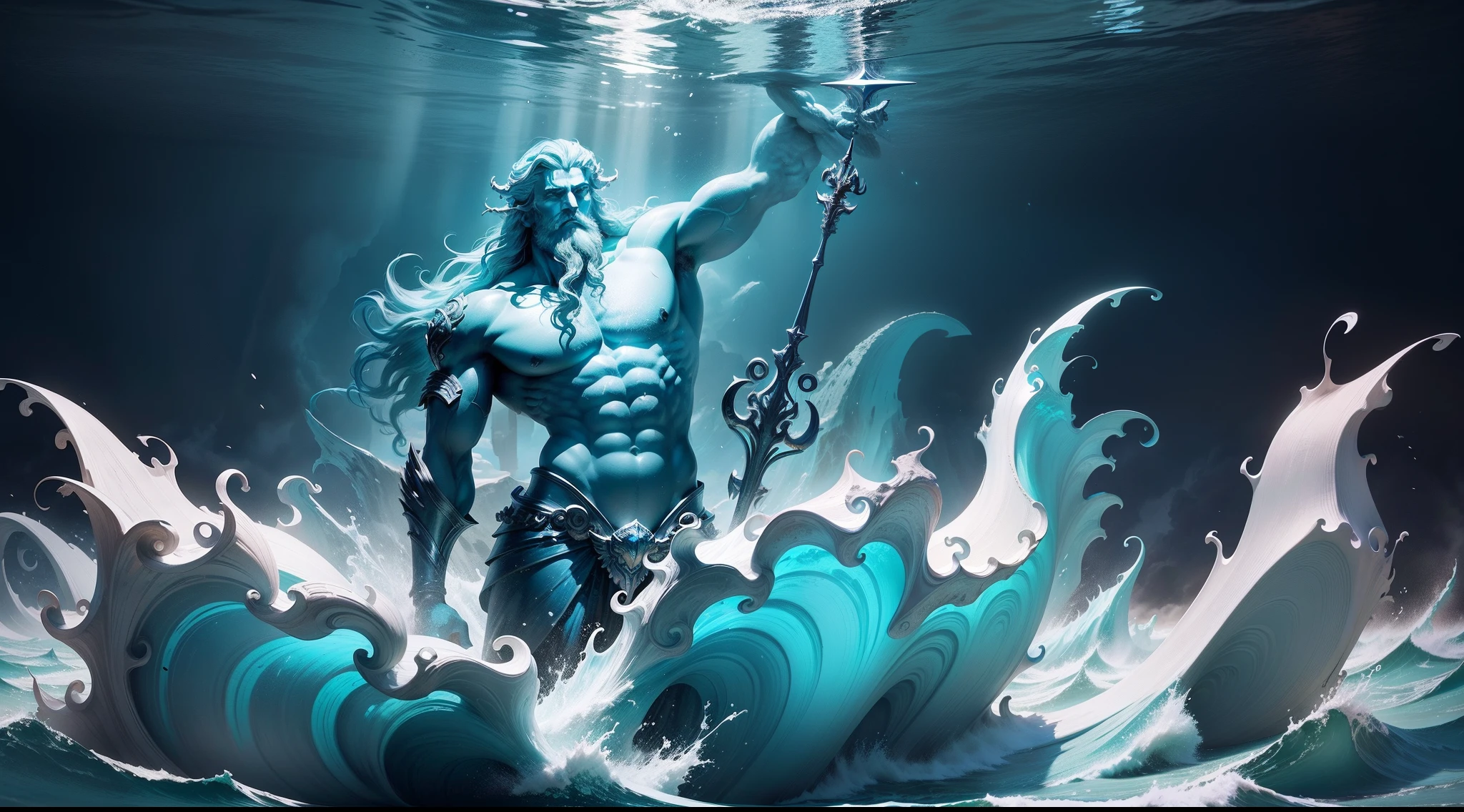"Poseidon, the mighty Greek god of the sea, who radiates power and authority over the vast waters", which move like whips rising into the air