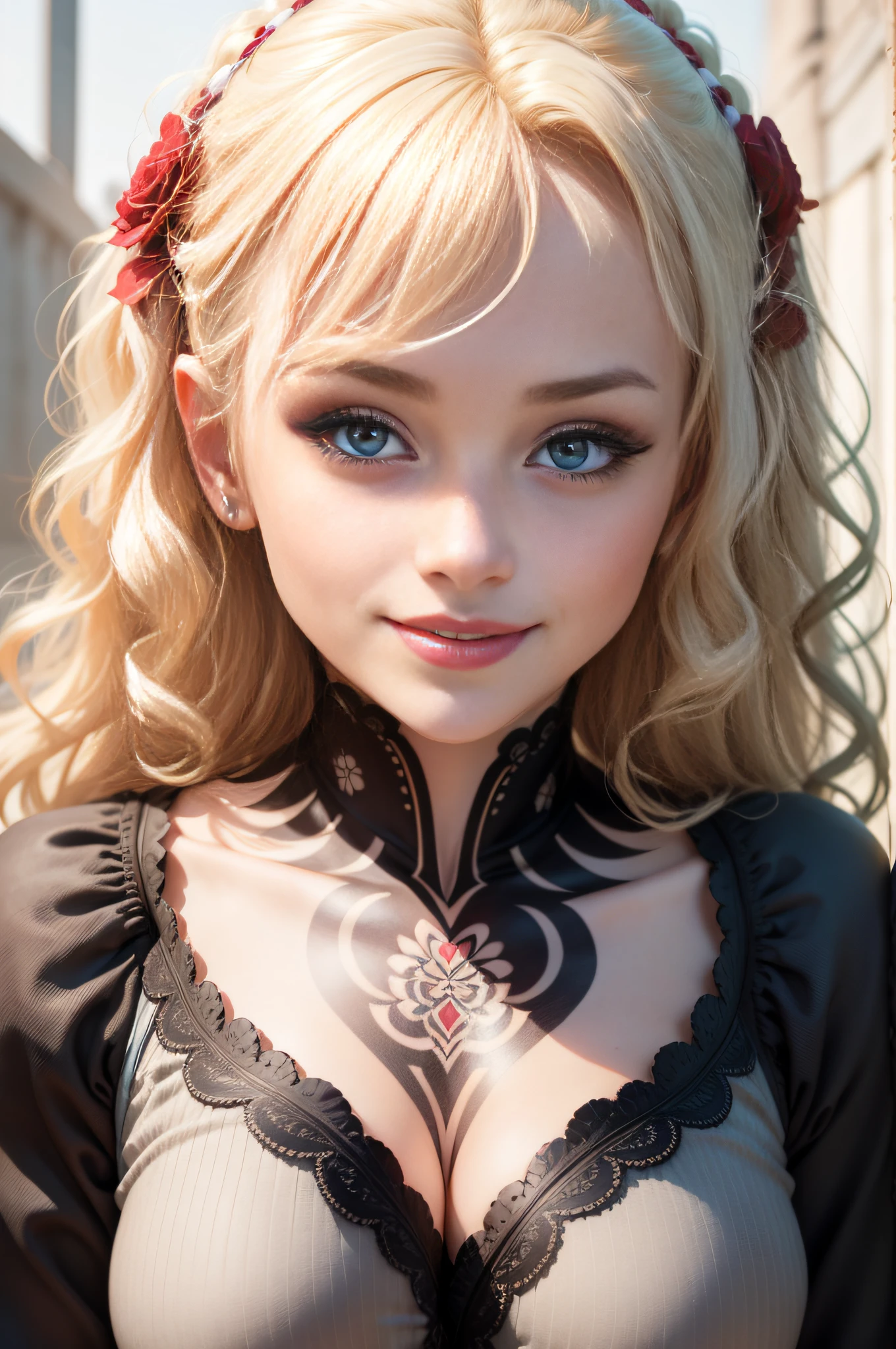 masterpiece、high resolution、8k、Delicate depiction、(((Realistic)))、Realistic、(((photograph)))、(((real woman)))、young、22years old、White、Blonde Hair、long hair、Twin tails、bangs、(((third eye on forehead under bangs)))、Brown eyes、Pink lipstick、little smile,Pink open chest dress、White fabric on the chest、A fluttering red ornament on the collar、Bust Shot、Inside the castle